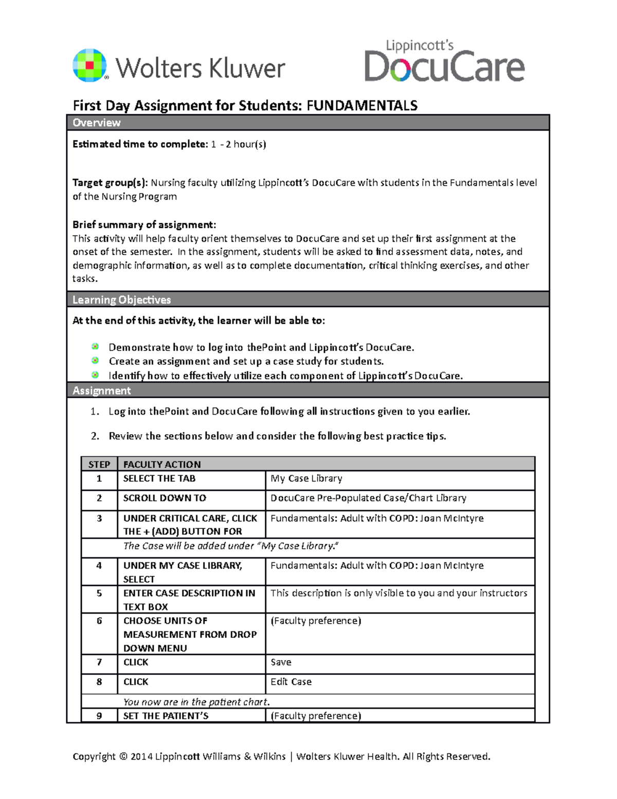 first day assignment for students fundamentals