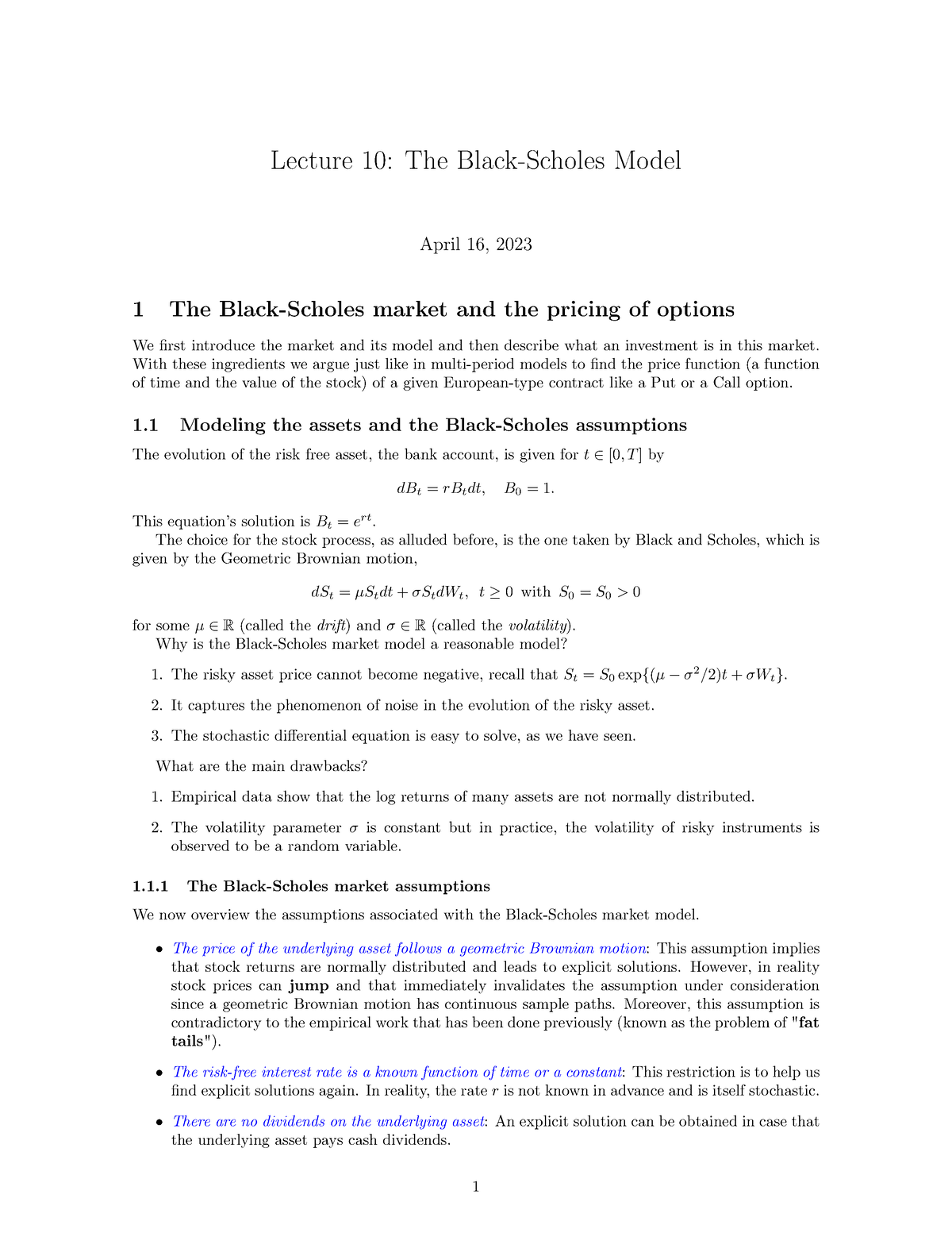 Lecture 10 - Lecutre 10 Notes On Black-Scholes - Lecture 10: The Black ...