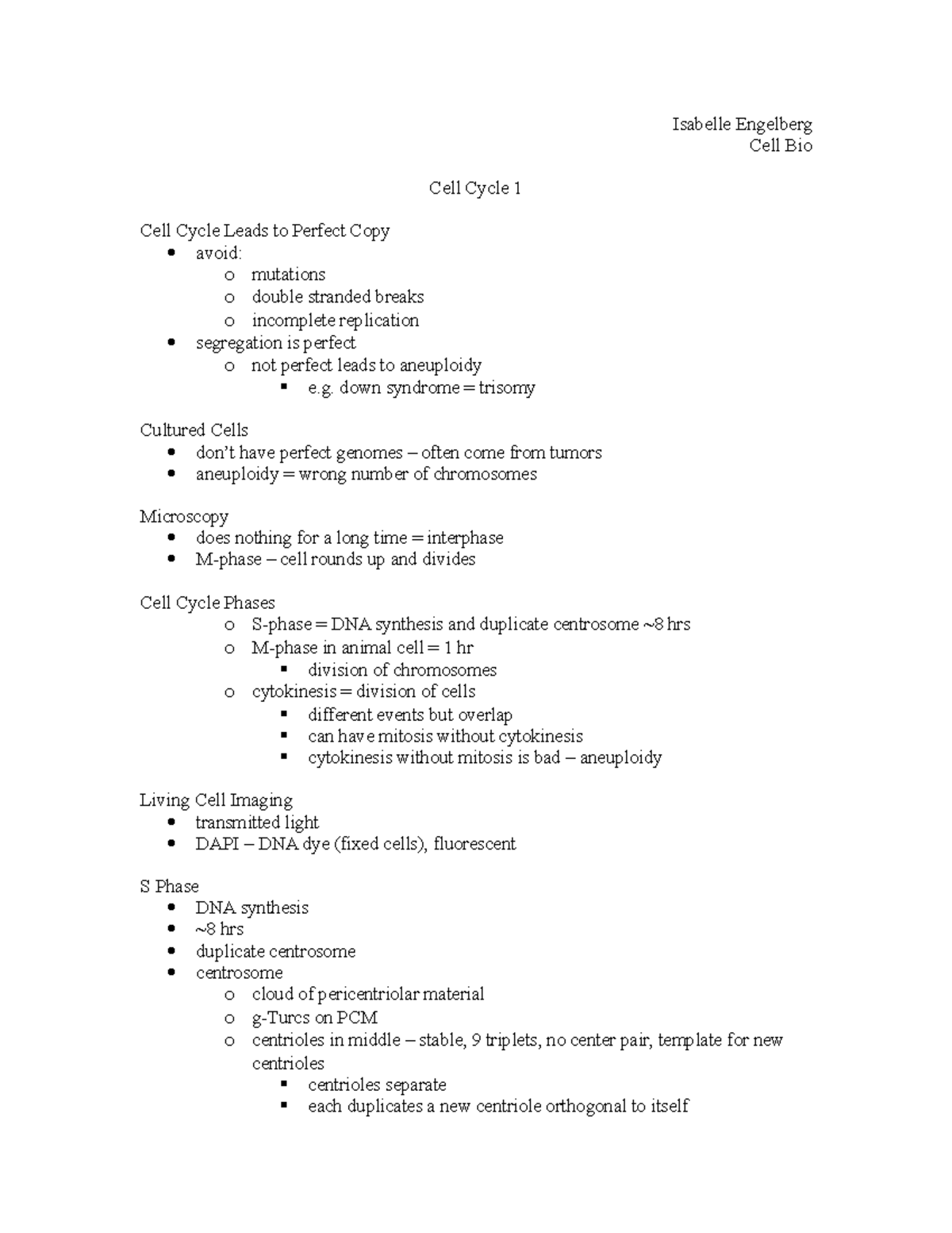 Cell Cycle 1 - Lecture notes 2 - Isabelle Engelberg Cell Bio Cell Cycle ...