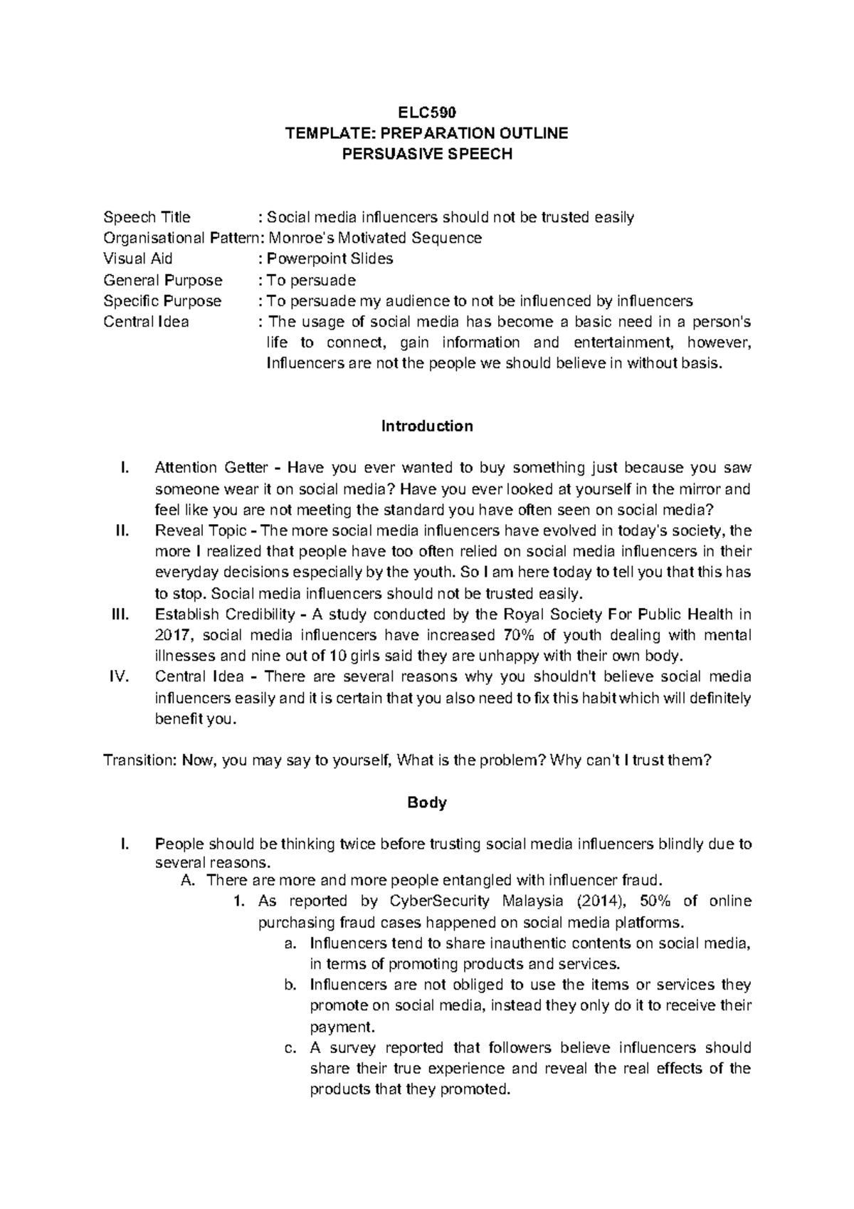 Persuasive Speech Draft - ELC TEMPLATE: PREPARATION OUTLINE PERSUASIVE ...