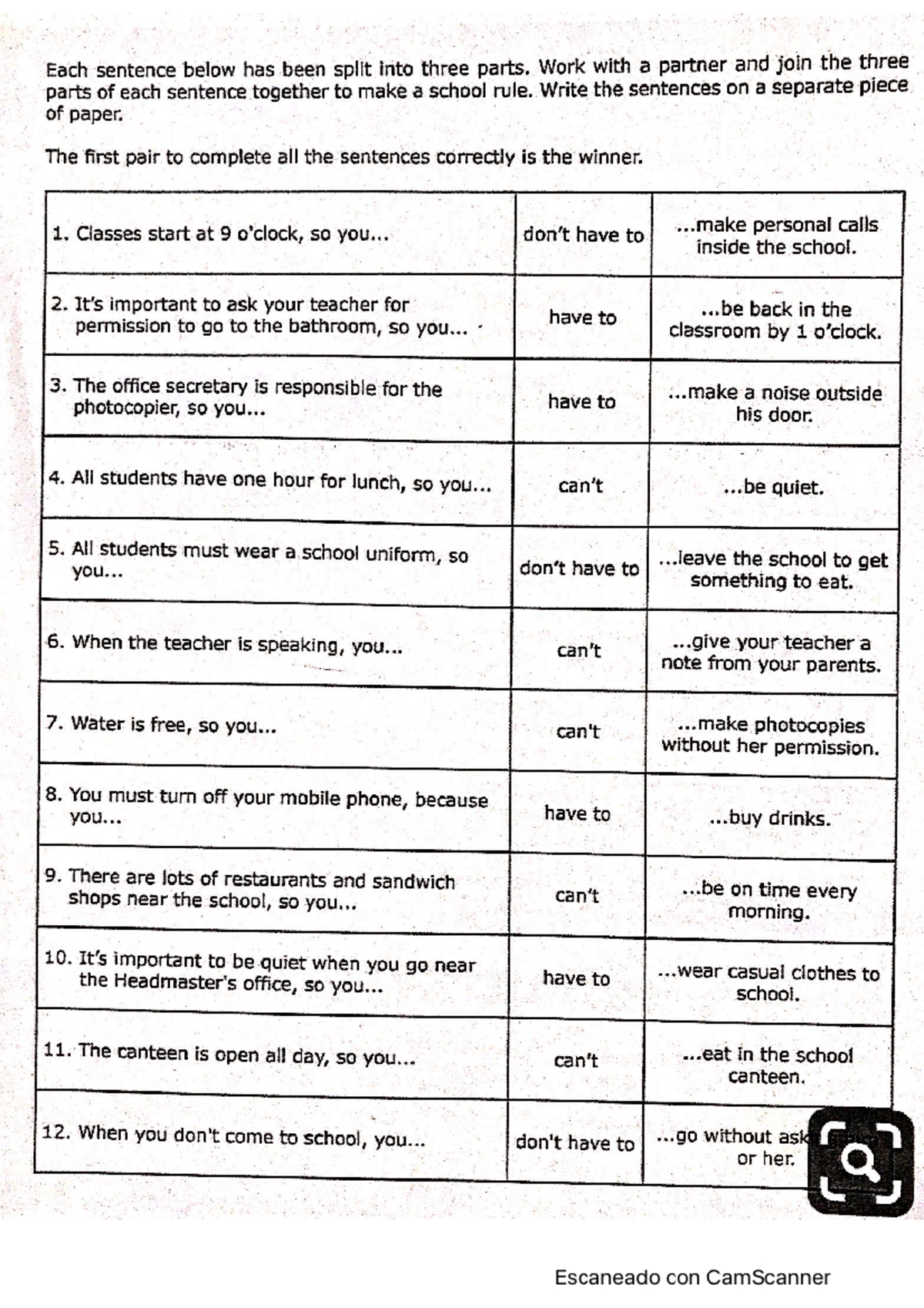 Modals ex - necesito pro - Each sentence below has been split into ...