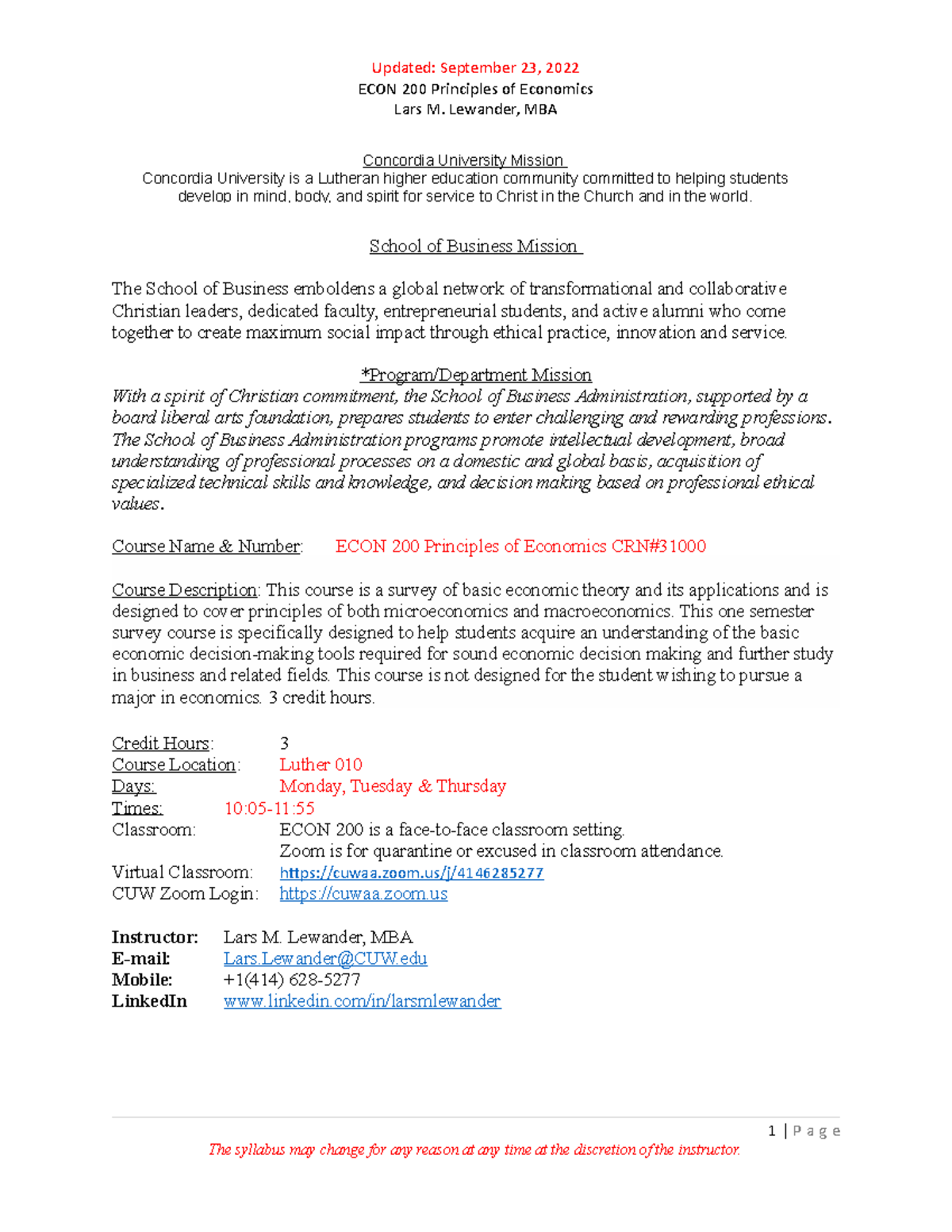 ECON 200 Principles of Economics (CRN 31000) 2022 January 23 - ECON 200  Principles of Economics Lars - StuDocu