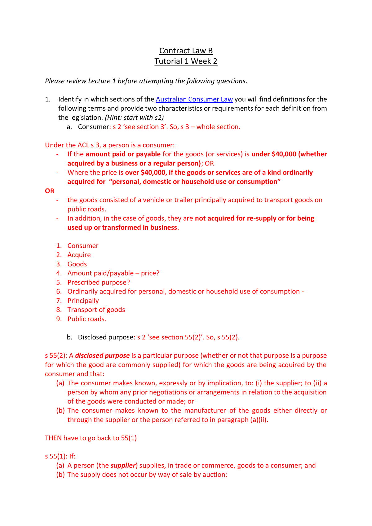 Contract B Tutorial Wk 2 - Contract Law B Tutorial 1 Week 2 Please ...