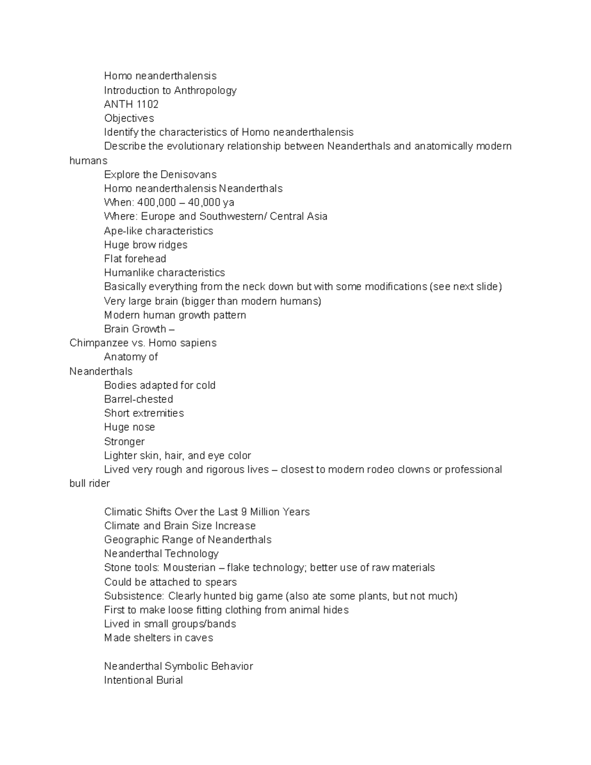 51 - notes - Homo neanderthalensis Introduction to Anthropology ANTH ...