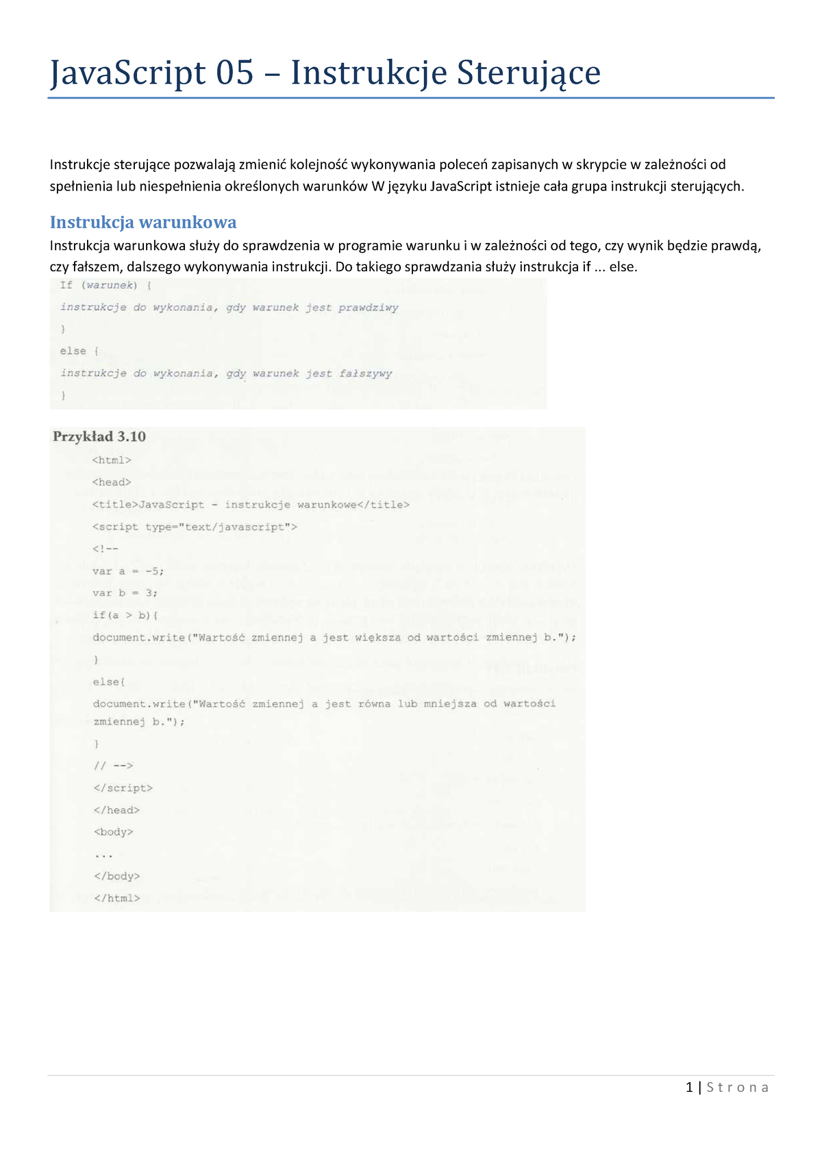 05 Java Script Instrukcja Warunkowa 1 S T R O N A Javascript 05 Instrukcje Sterujące 1253