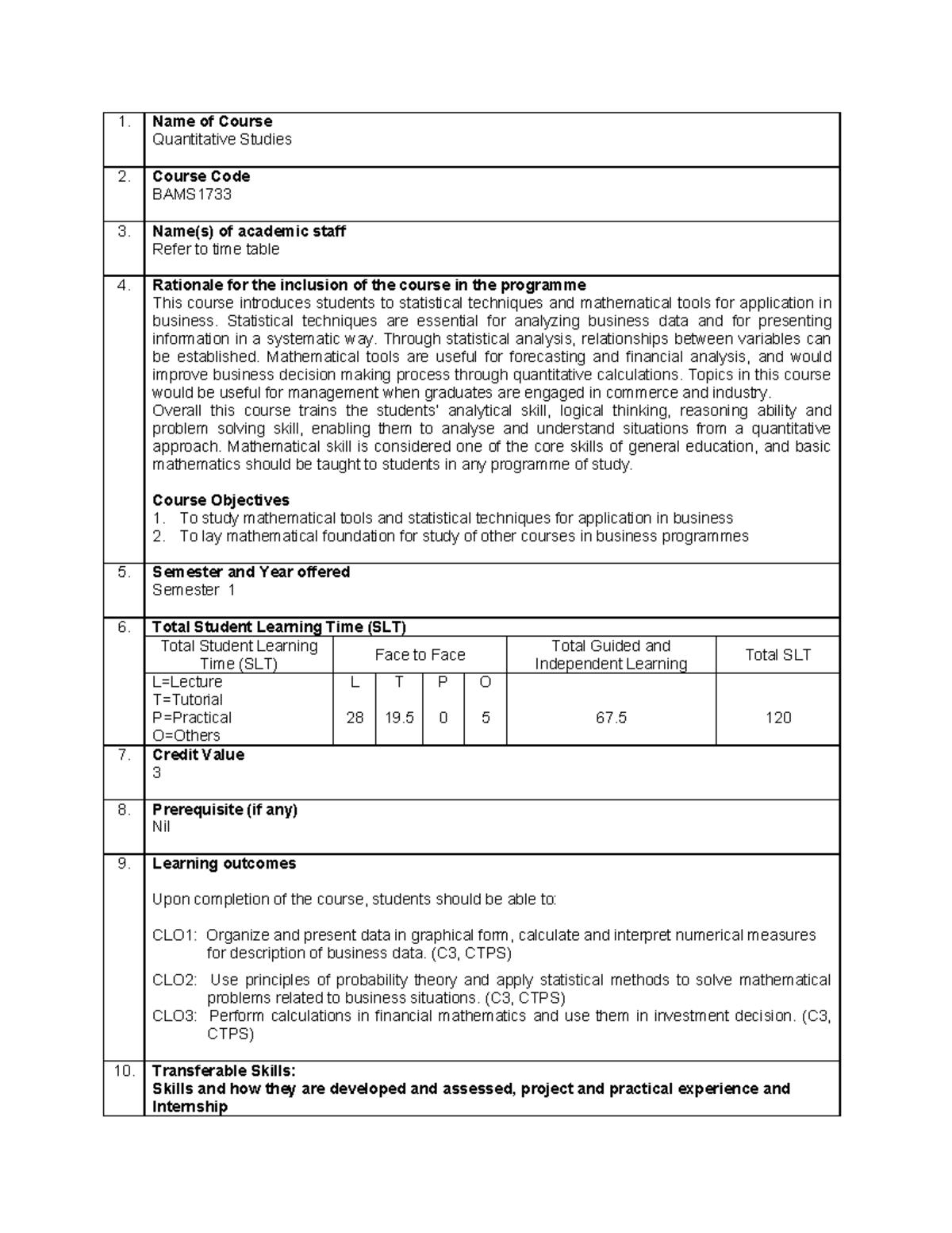 BAMS1733 Quantitative Studies Syllabus - Name of Course Quantitative ...