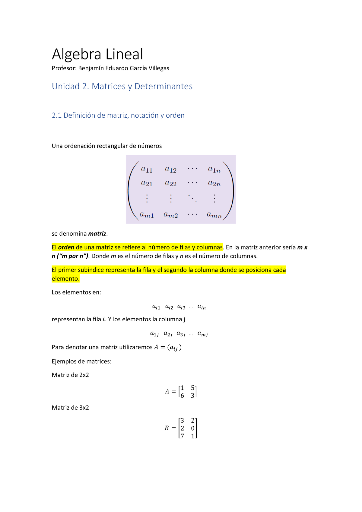 Algebra Lineal 2 - Algebra Lineal Profesor: Benjamín Eduardo García ...