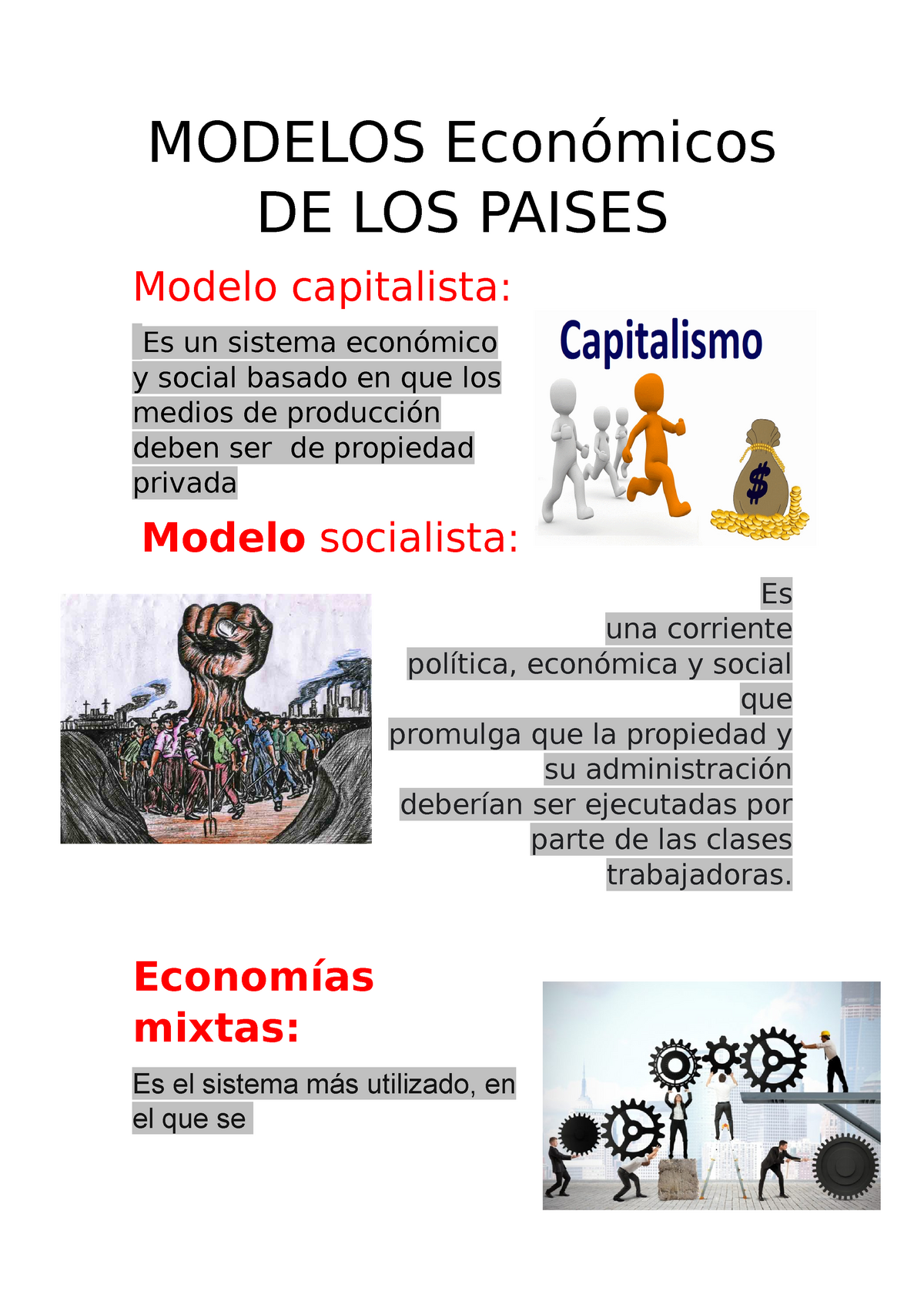 Modelos Económicos DE LOS Paises - MODELOS Económicos DE LOS PAISES Modelo  capitalista: Es un - Studocu