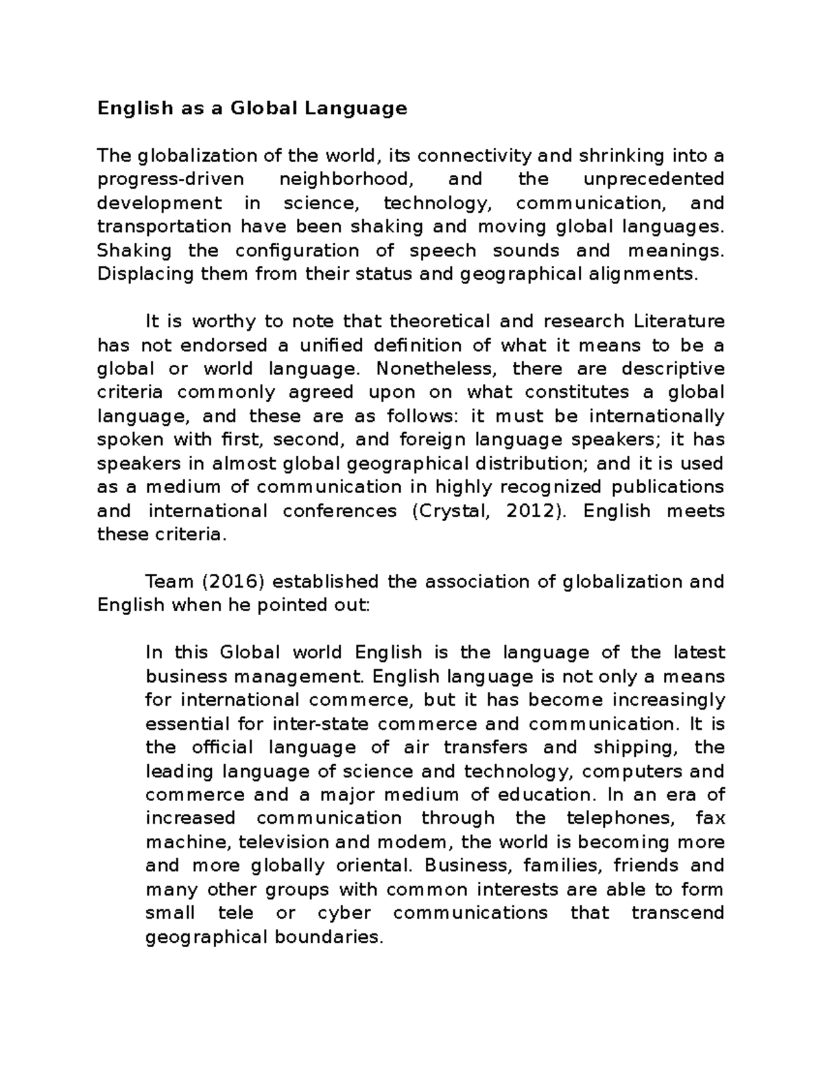 research paper on english as a global language