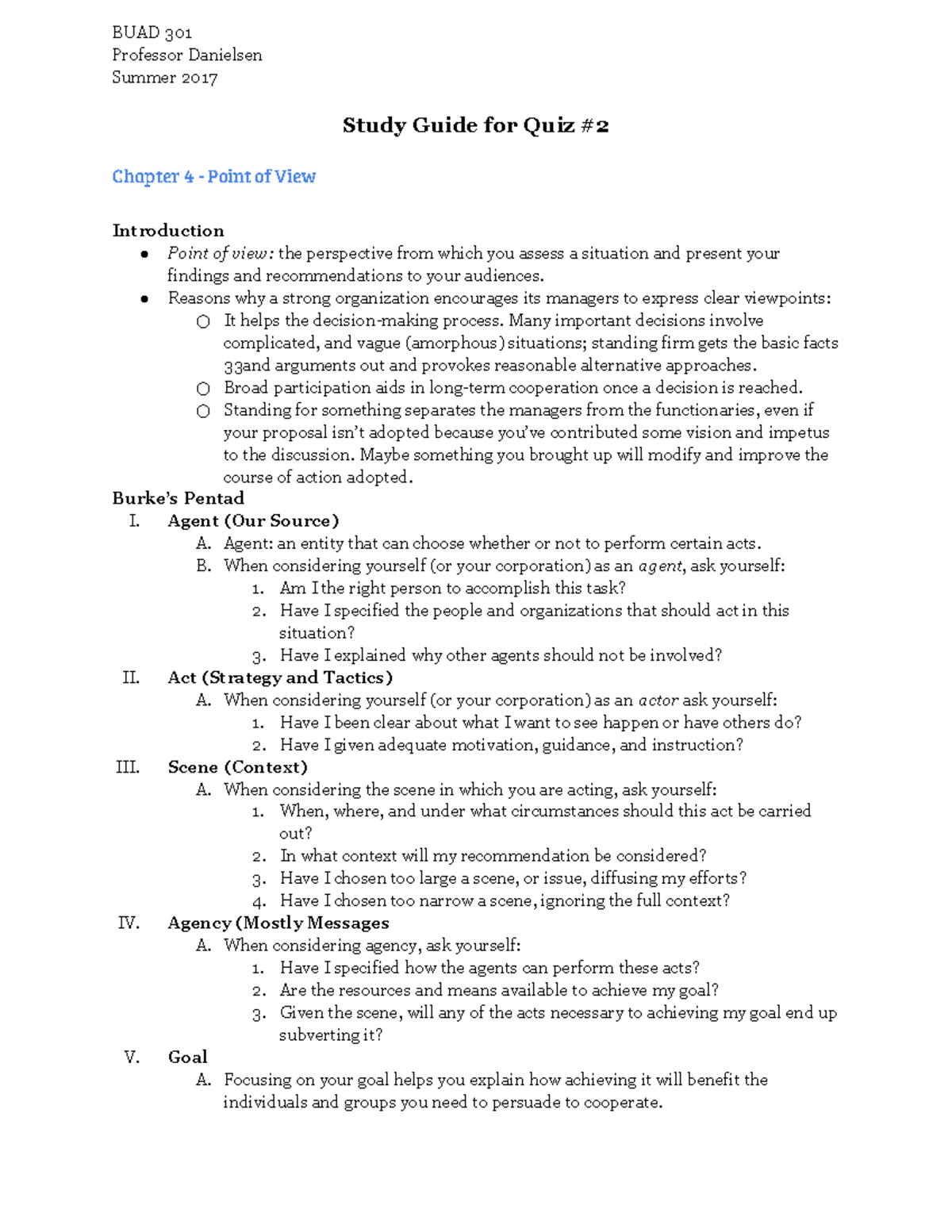 BUAD 301 Quiz #2 Study Guide - BUAD 301 Professor Danielsen Summer 2017 ...