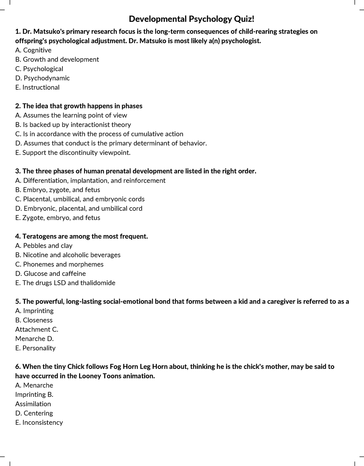 UNIT 3 Developmental Psychology Quiz - Developmental Psychology Quiz ...