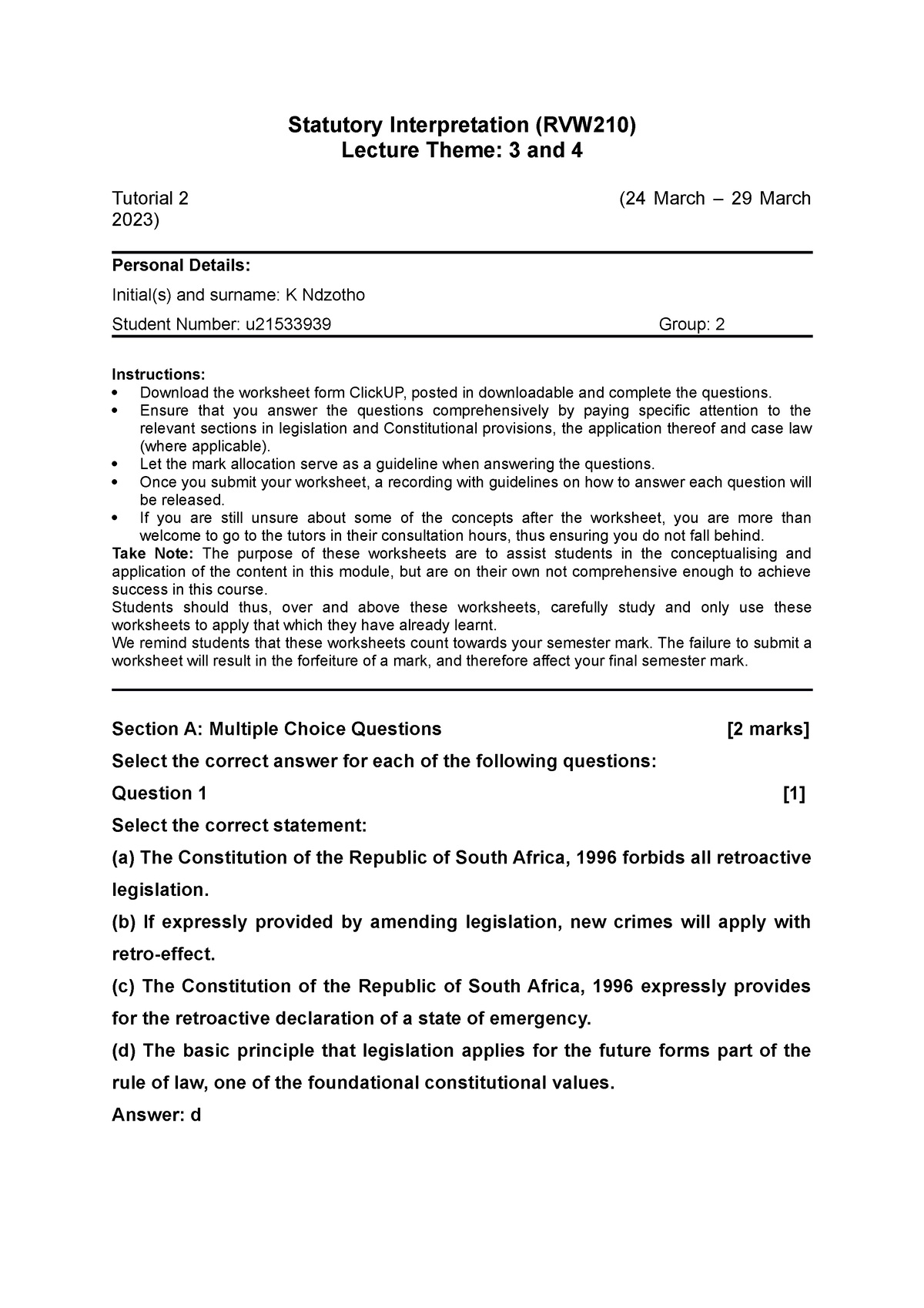 Tutorial 2 RVW 210 2023 - Statutory Interpretation (RVW210) Lecture ...