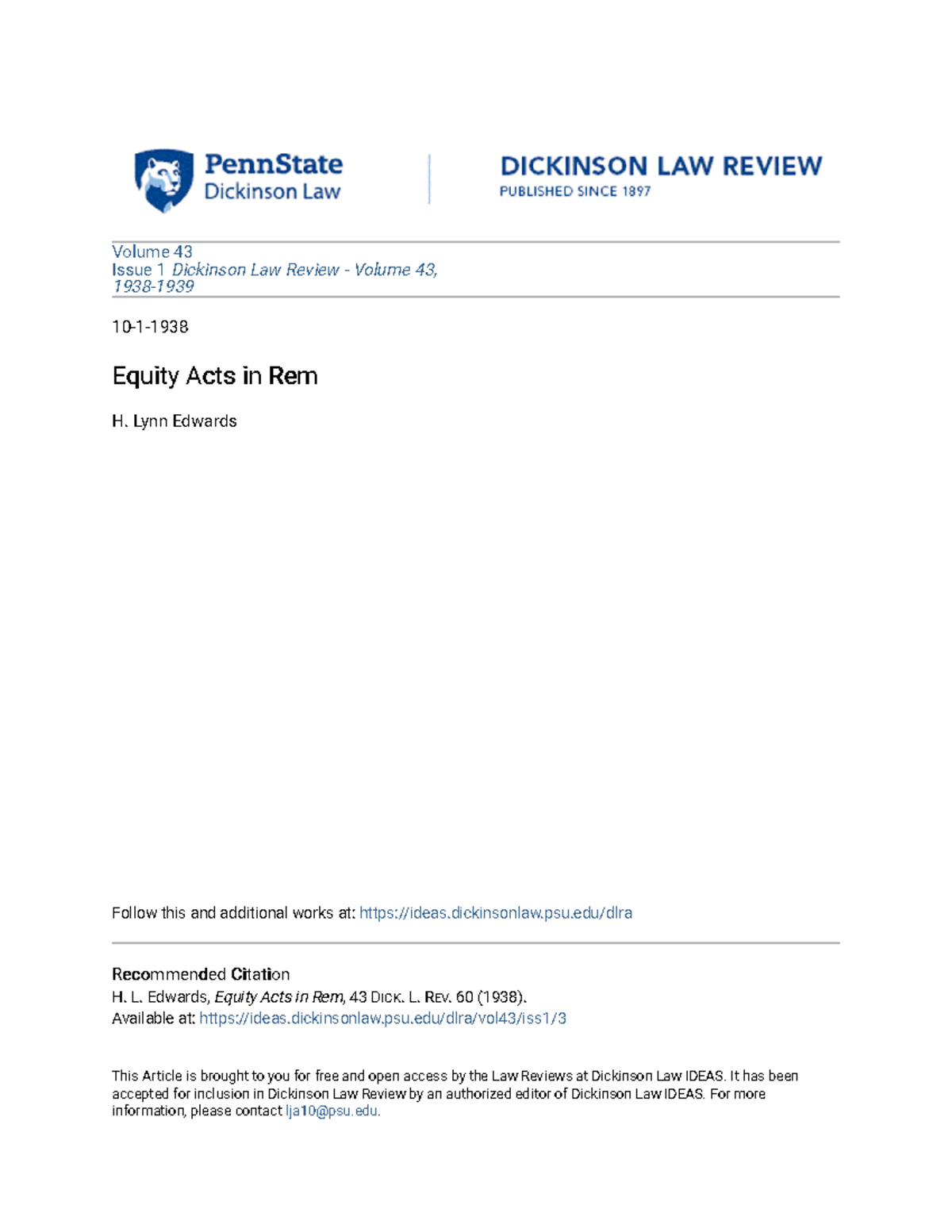 Equity Acts in Rem Lecture notes 18 Volume 43 Issue 1 Dickinson Law Review Volume 43