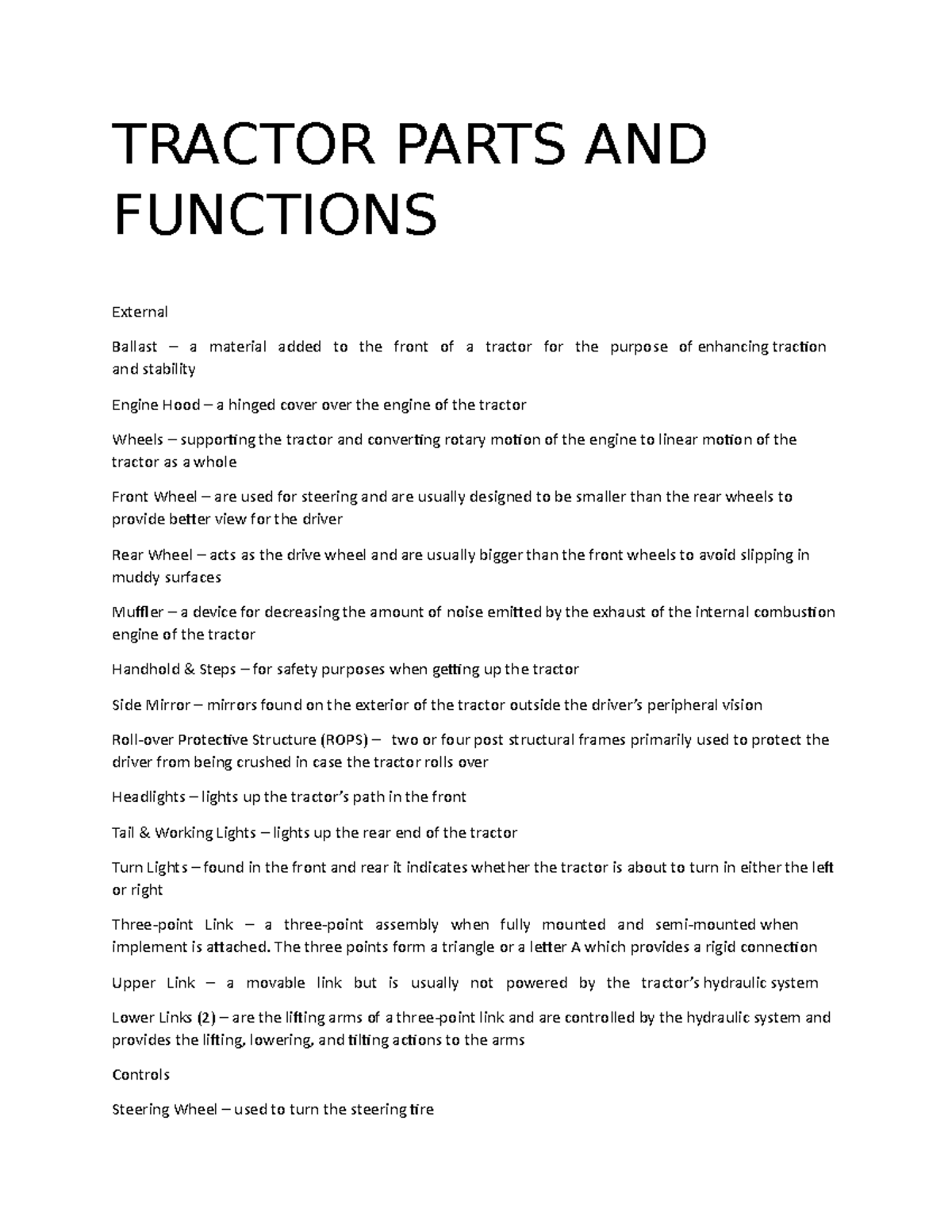 Parts AND Functions OF A Tractor TRACTOR PARTS AND FUNCTIONS External