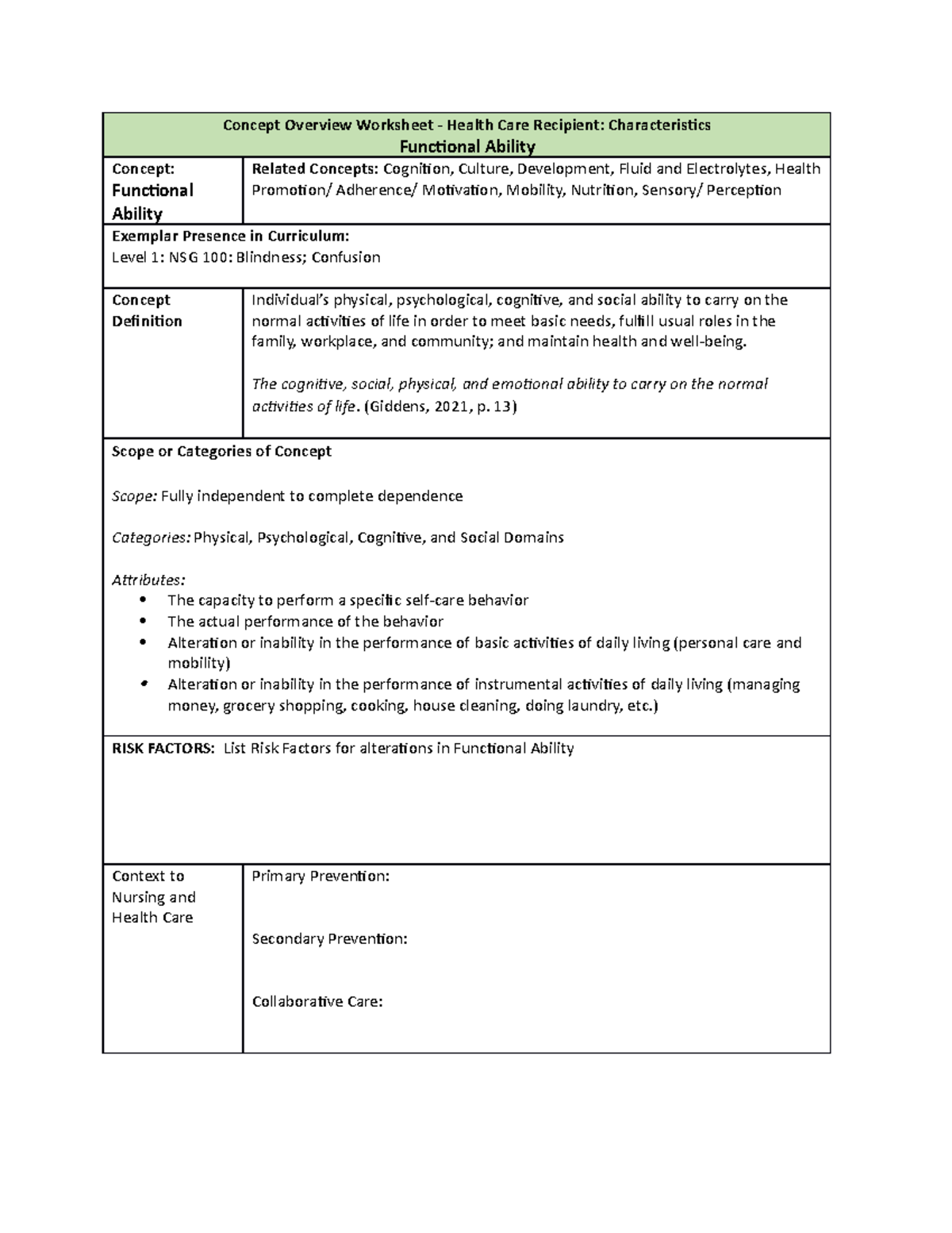 Concept Overview Worksheet-Functional Ability - Concept Overview ...