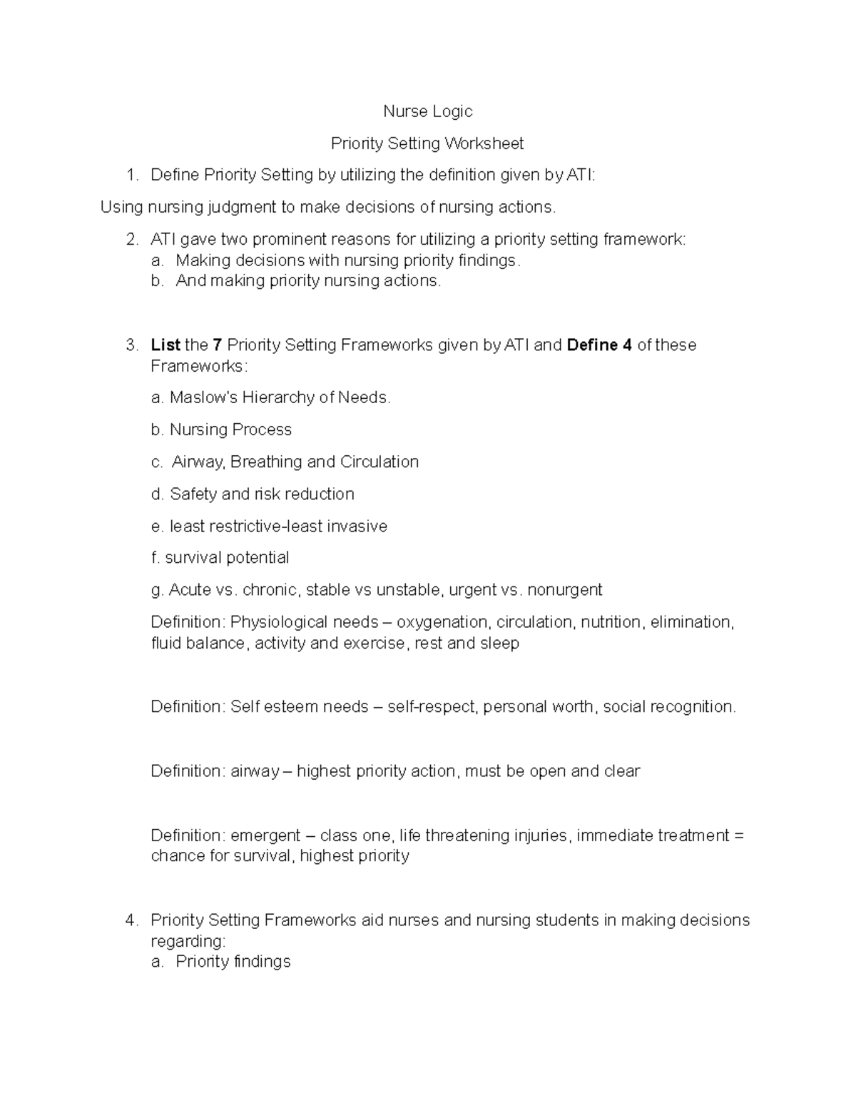 Nurse Logic Worksheet - Nurse Logic Priority Setting Worksheet Define ...