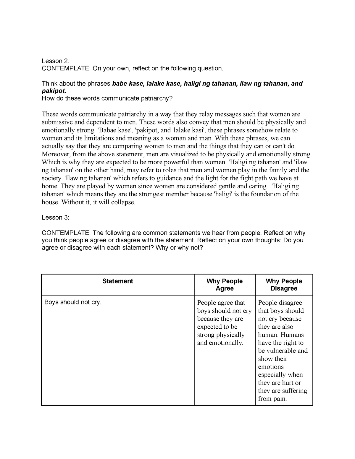 GE11 - Lesson 2&3 Activity - Lesson 2: CONTEMPLATE: On your own ...