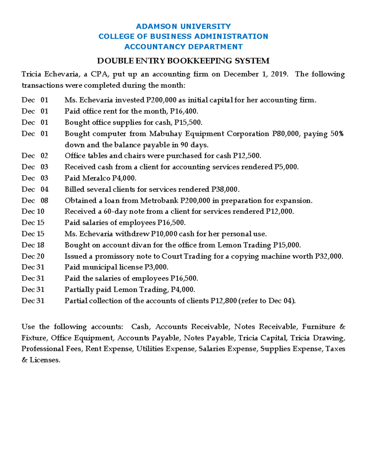 (05) Exercises Double Entry Bookkeeping System COLLEGE OF BUSINESS