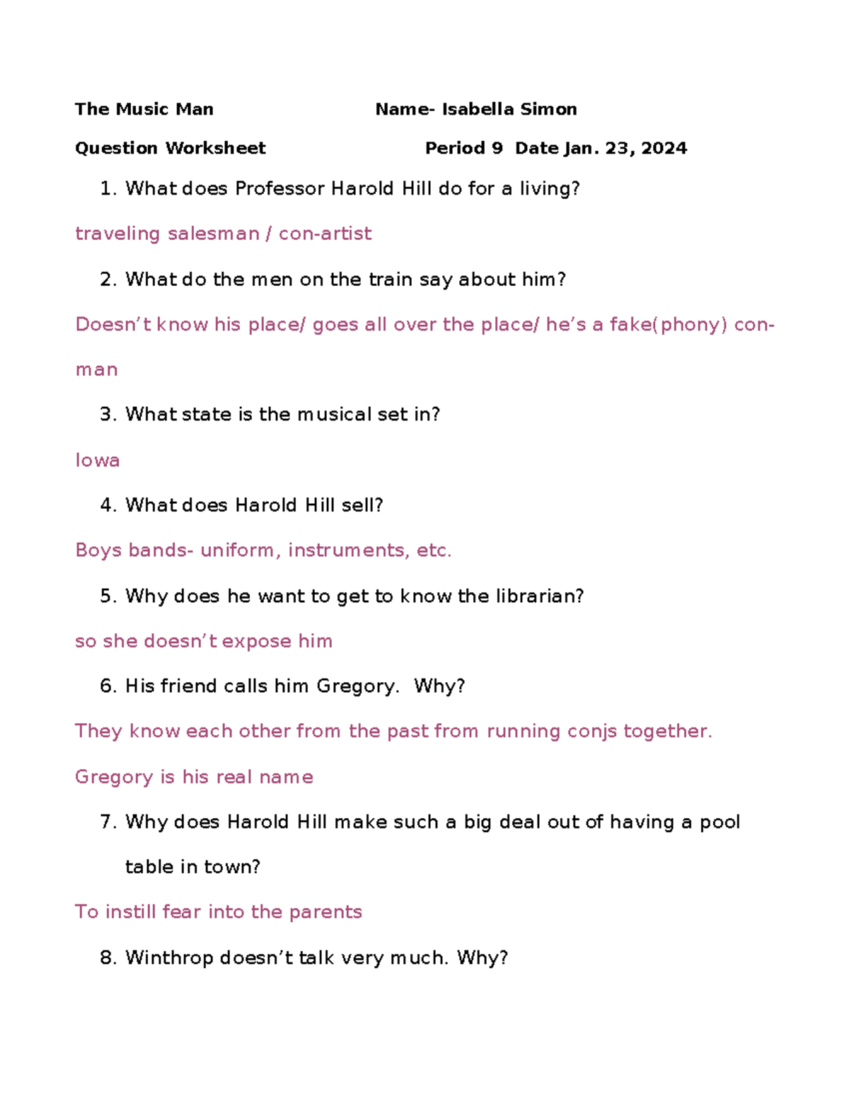 Copy of The Music Man Worksheet The Music Man Name Isabella Simon