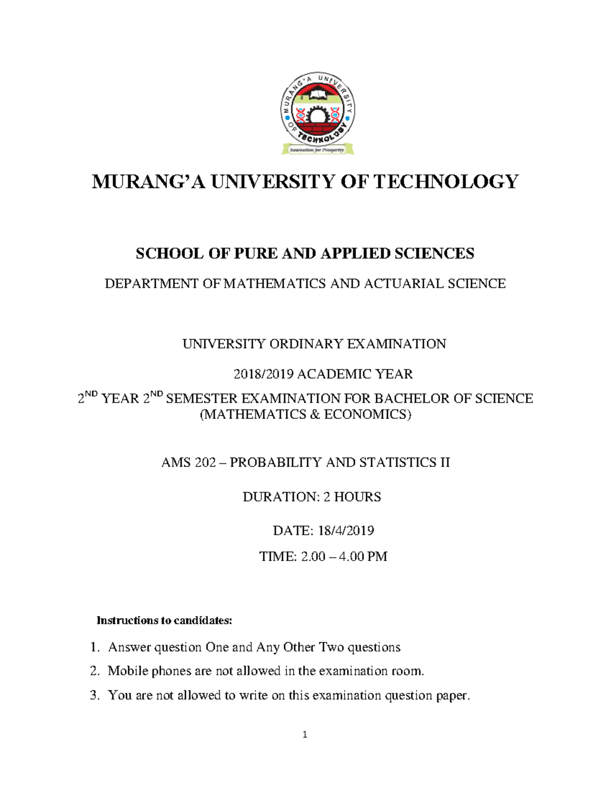 AMS 202 Probabilty AND Statistics 11(complete) - MURANG’A UNIVERSITY OF ...