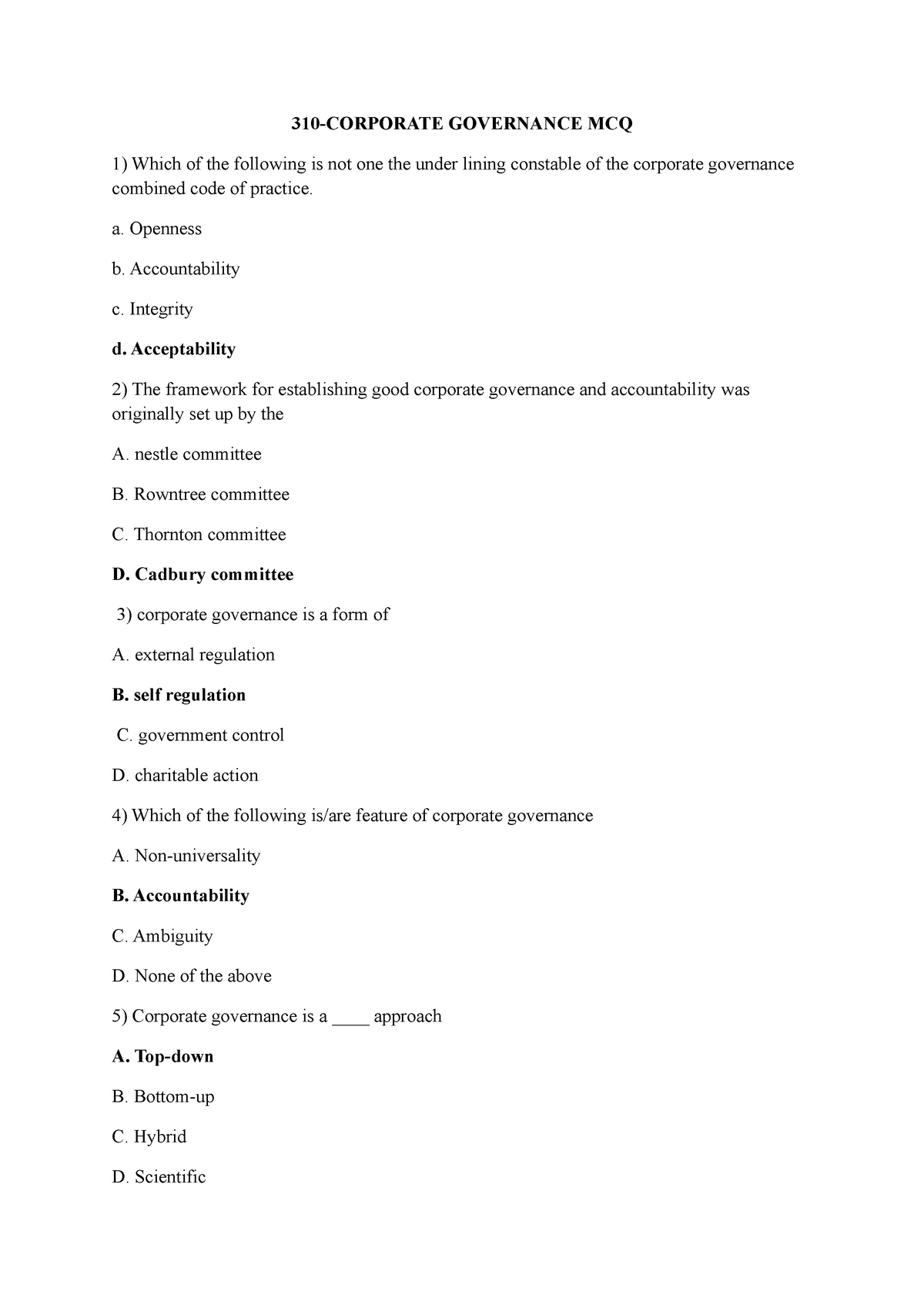 Corporate Governance Mcq Studocu