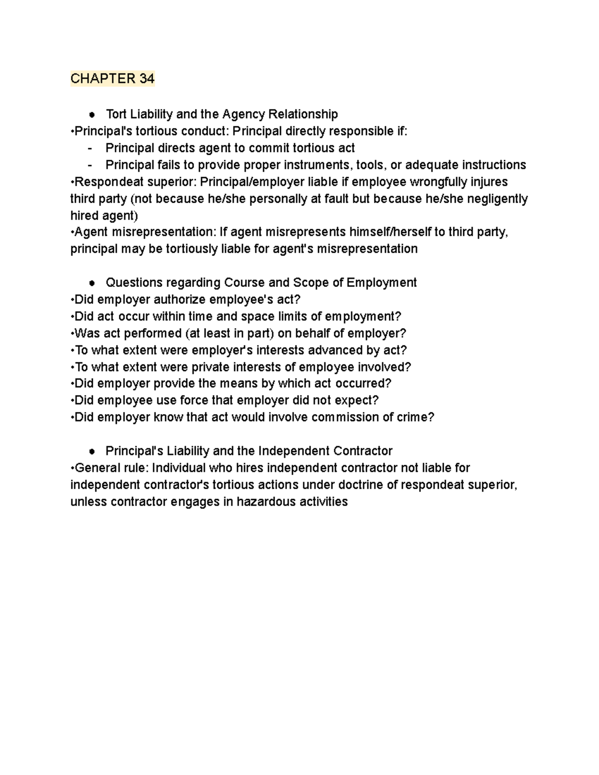 Chapter 34 BLE Agency Liability P2 - CHAPTER 34 Tort Liability and the ...