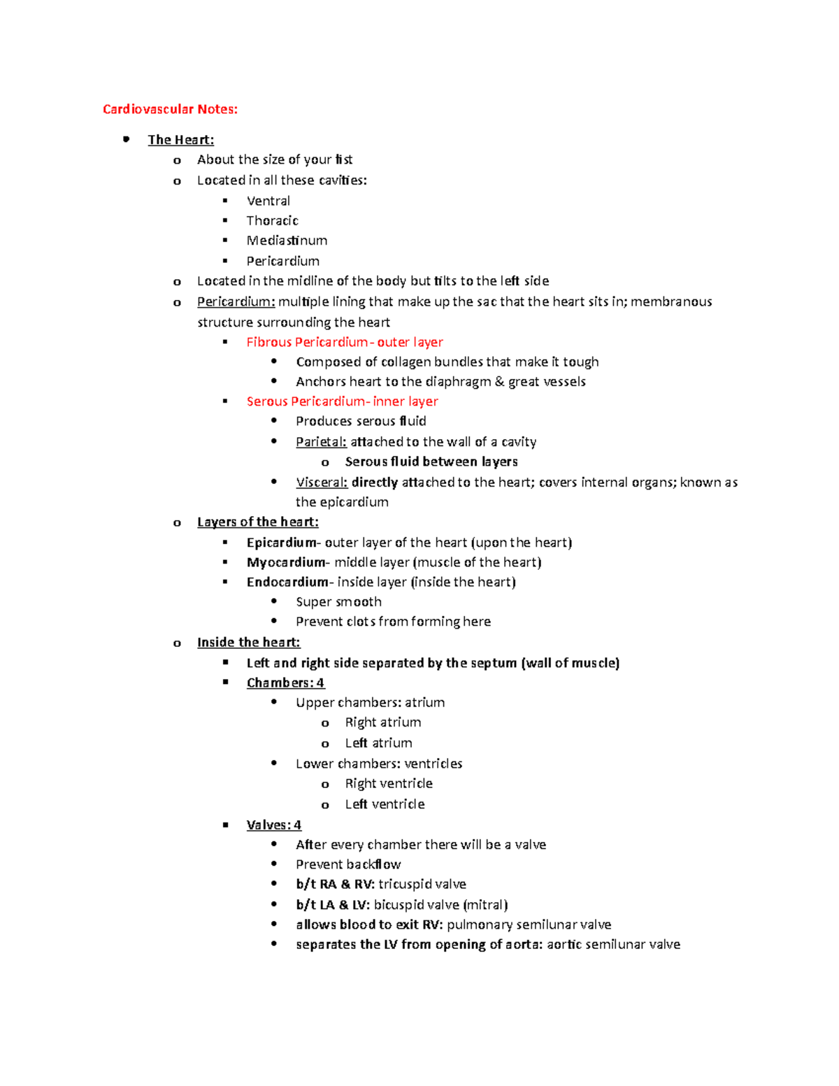 Cardiovascular Notes - Cardiovascular Notes: The Heart: o About the ...