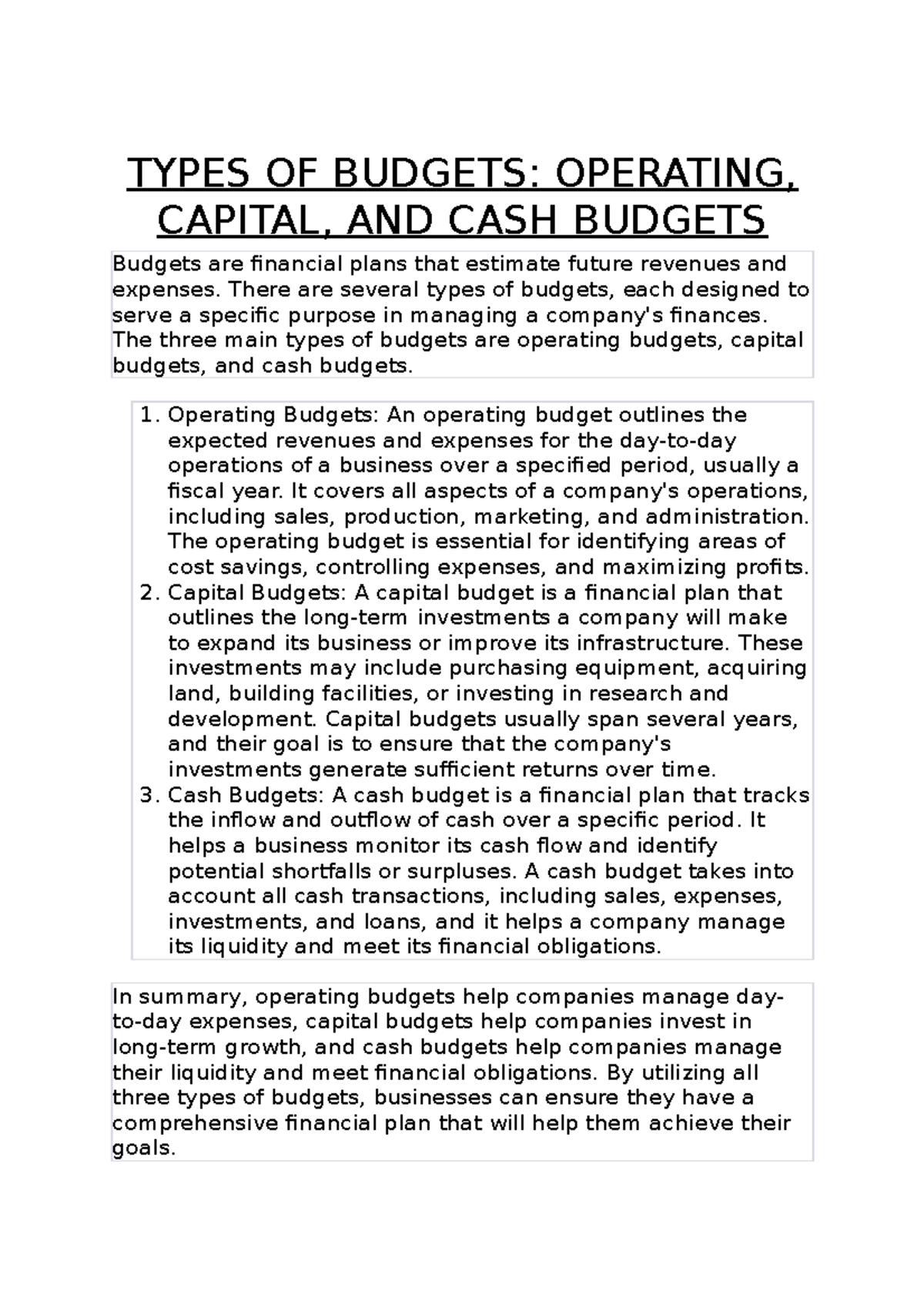 Types OF Budgets - TYPES OF BUDGETS: OPERATING, CAPITAL, AND CASH ...