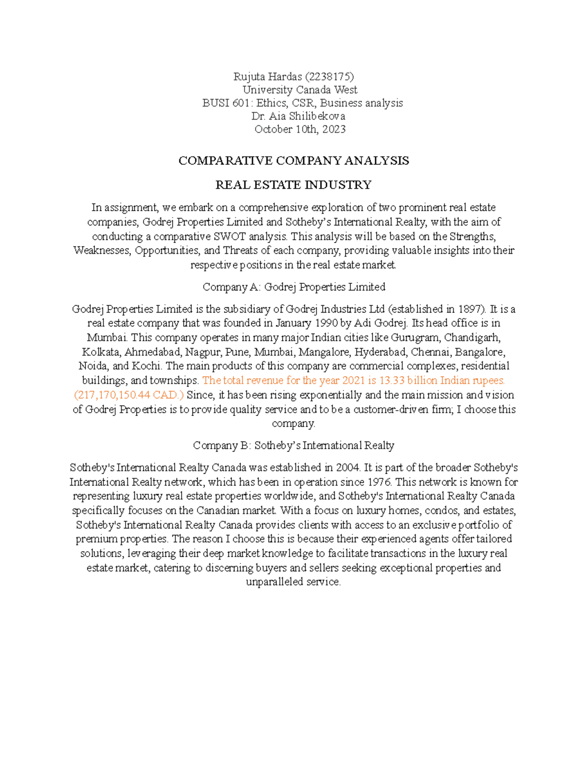 Comparative Company Analysis - Rujuta Hardas (2238175) University ...