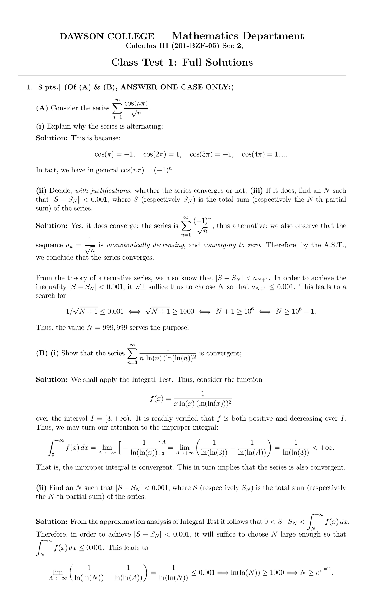 Test 1 W - Test Solutions - DAWSON COLLEGE Mathematics Department ...