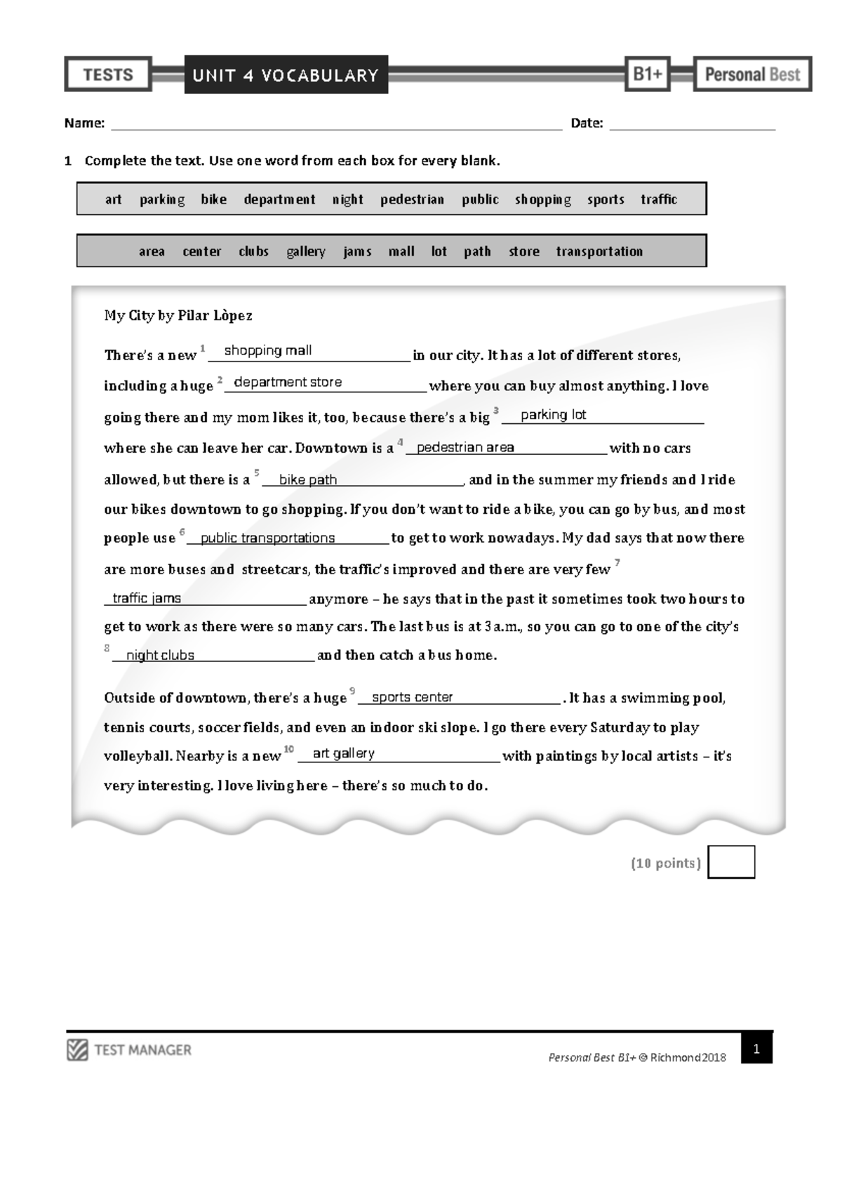 Unit 4 Vocab test - ègs - UNIT 4 VOCABULARY 1 Personal Best B1 ...