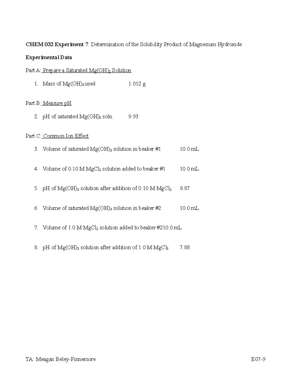 Lab 7 Determination of the Solubility Product of Magnesium Hydroxide