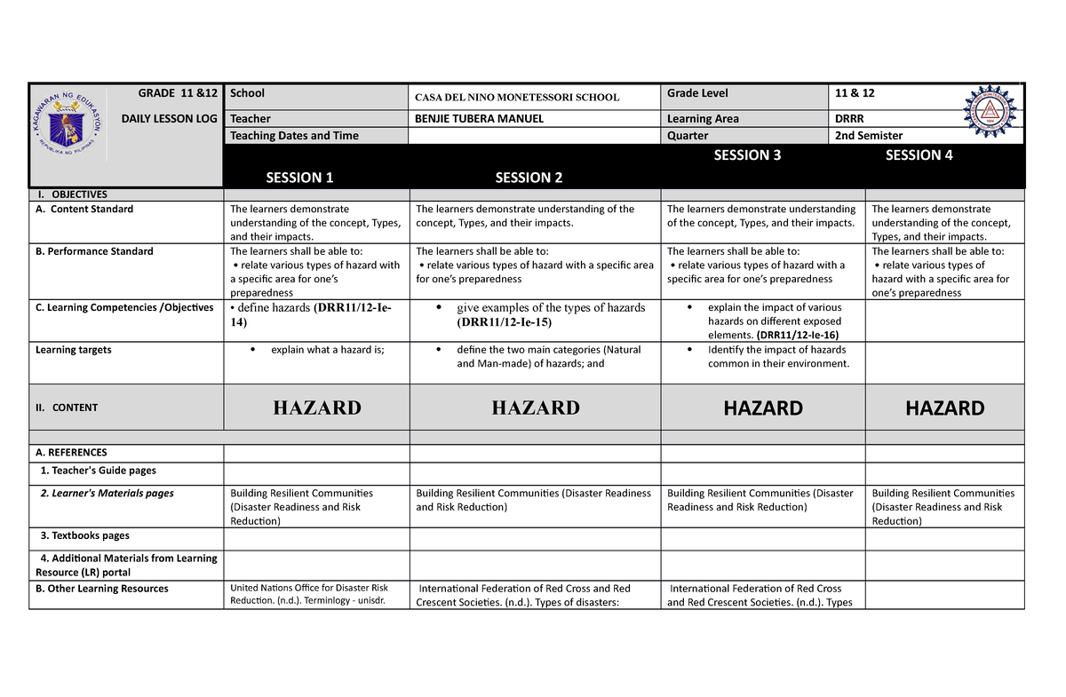 400527079 DLL DRR Docx - Disaster - GRADE 11 &12 School CASA DEL NINO ...