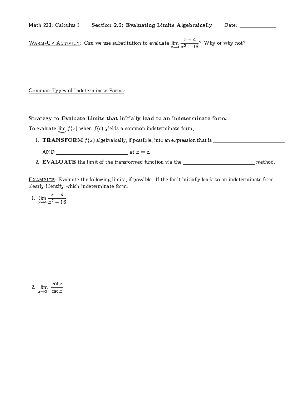 2.5 - Evaluating Limits Algebraically - 2. EVALUATEthe limit of the ...