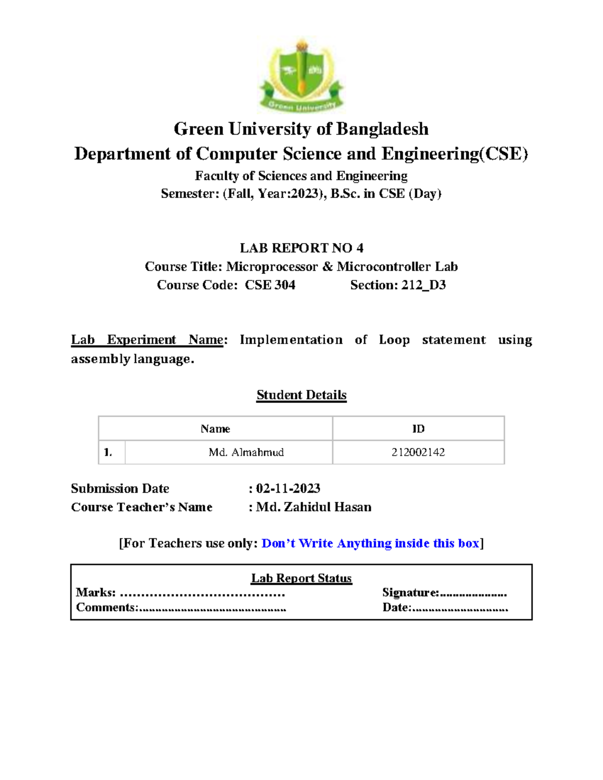 MPCL Lab Report 4 - Code - Green University Of Bangladesh Department Of ...