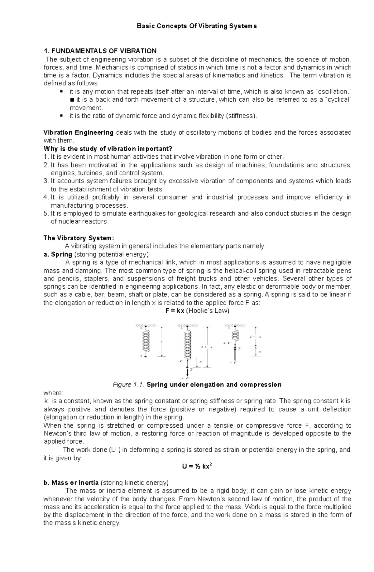 Basic Concepts Of Vibrating Systems FUNDAMENTALS OF VIBRATION The