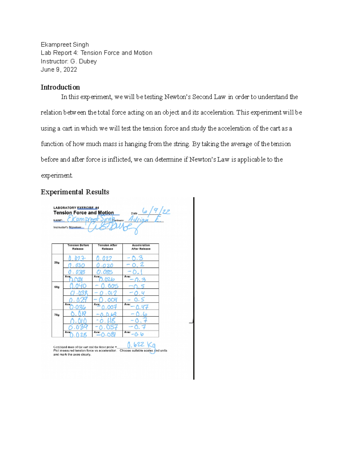 PHYS 110 Lab Report 4 - Ekampreet Singh Lab Report 4: Tension Force and ...