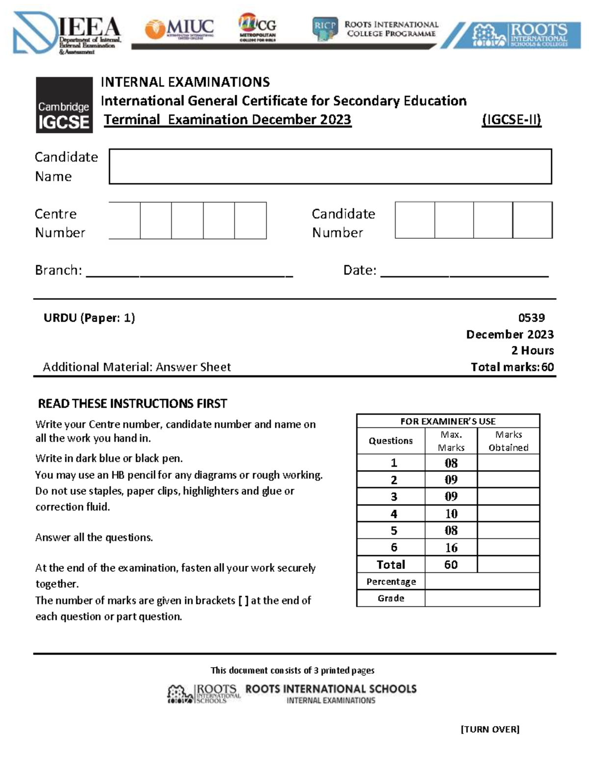 Igcse URDU Paper 1 Terminal EXAM December [TURN OVER] INTERNAL
