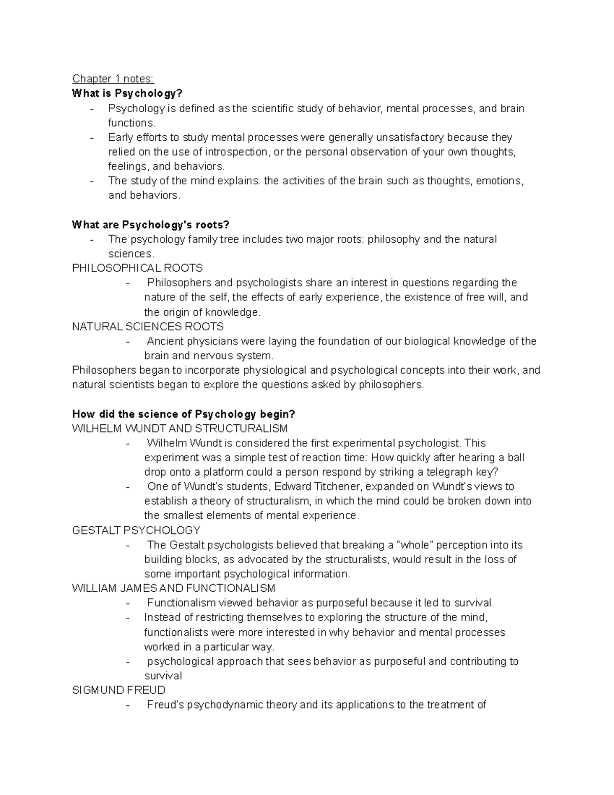 Chapter 1 notes - Chapter 1 notes: What is Psychology? - Psychology is ...