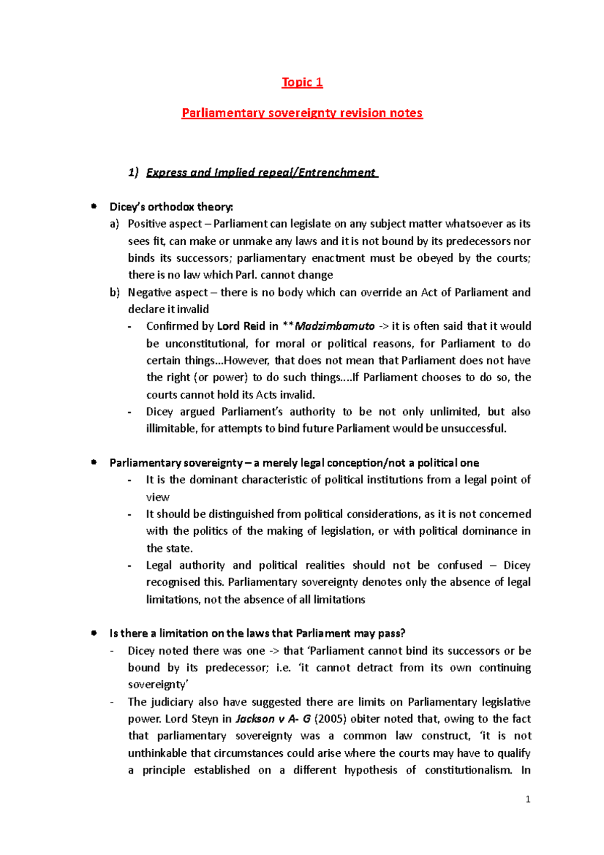 Parliamentary Sovereignty Revision Notes - Topic Sovereignty Revision ...