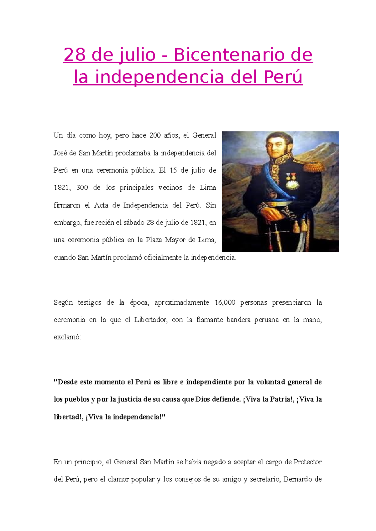 28 de julio Independencia del Perú - 28 de julio - Bicentenario de la ...