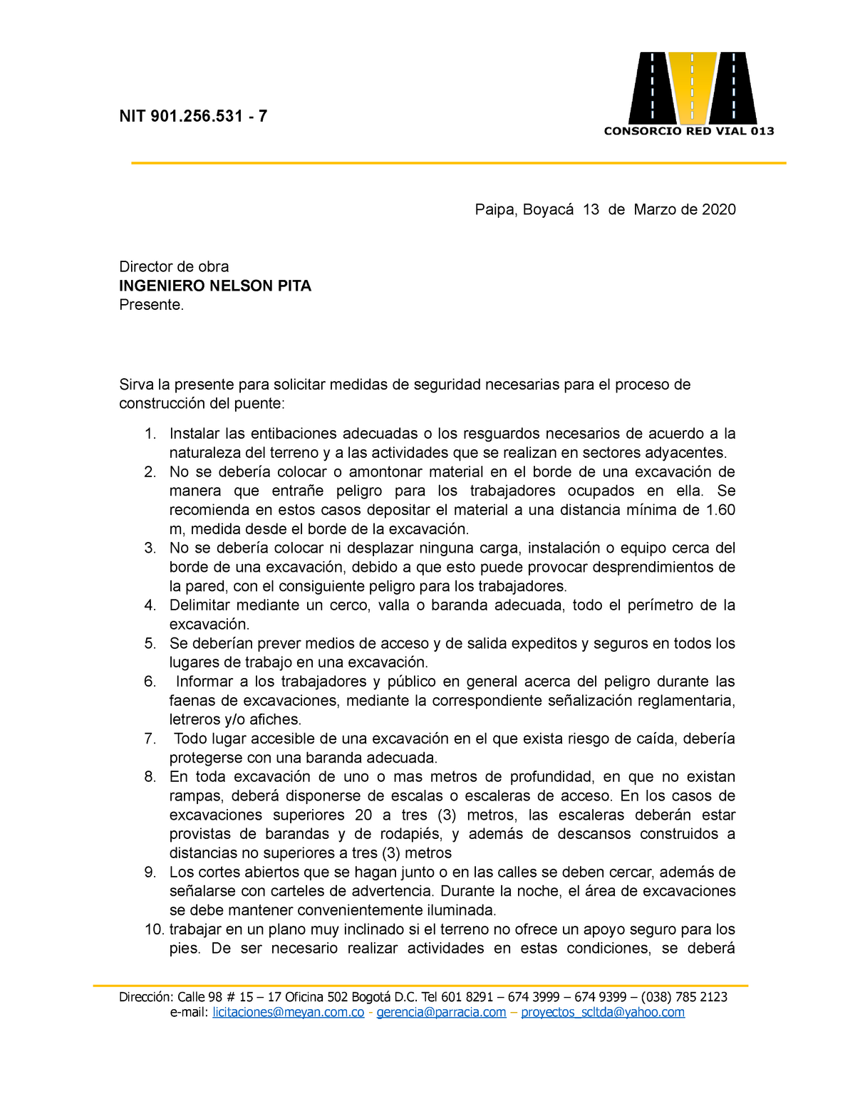 Carta Solicitud Seguridad 001 Nit 901256 7 Paipa Boyacá 13 De Marzo De 2020 Director De 4704