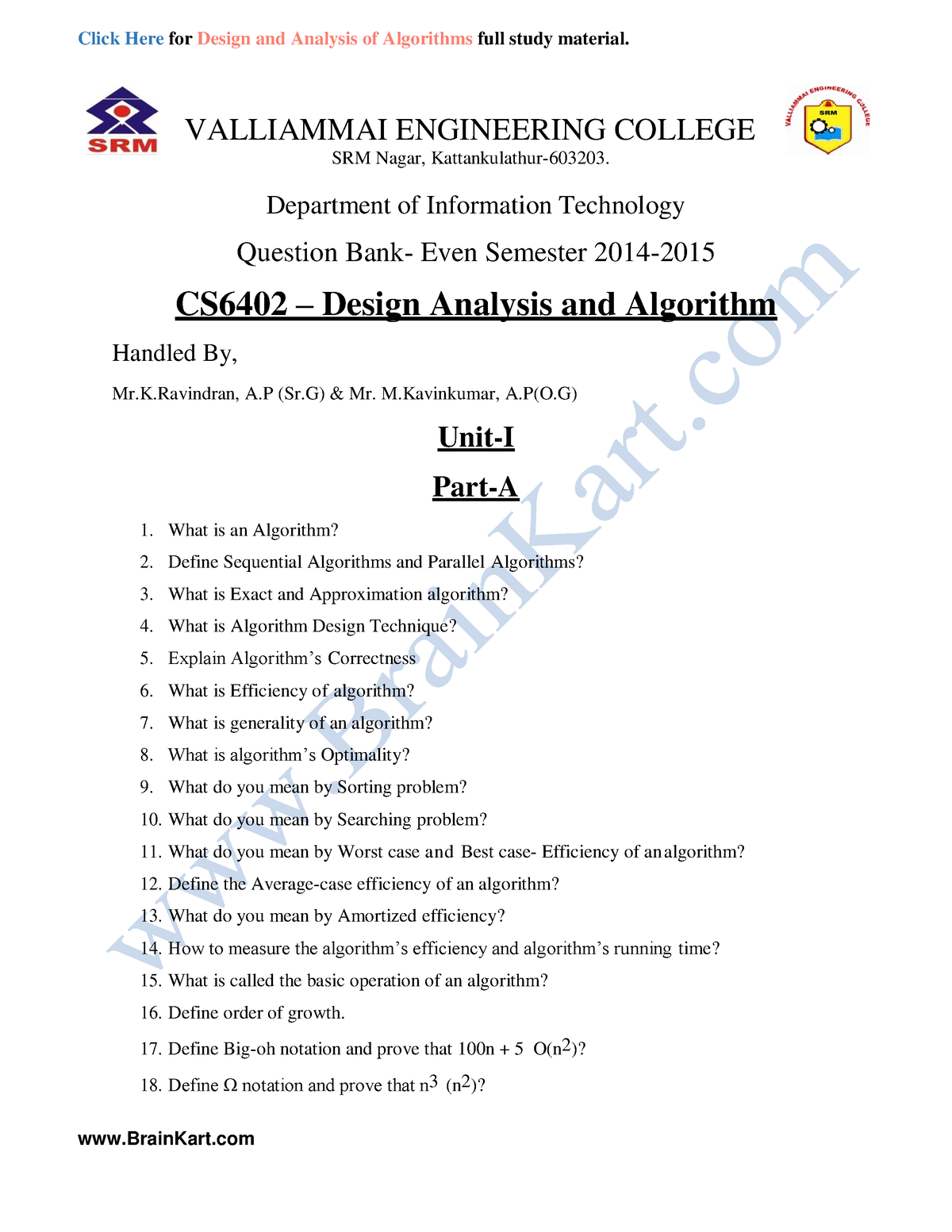 131 Cs8451 Cs6402 Design And Analysis Of Algorithms Question Bank 2 Valliammai 6637