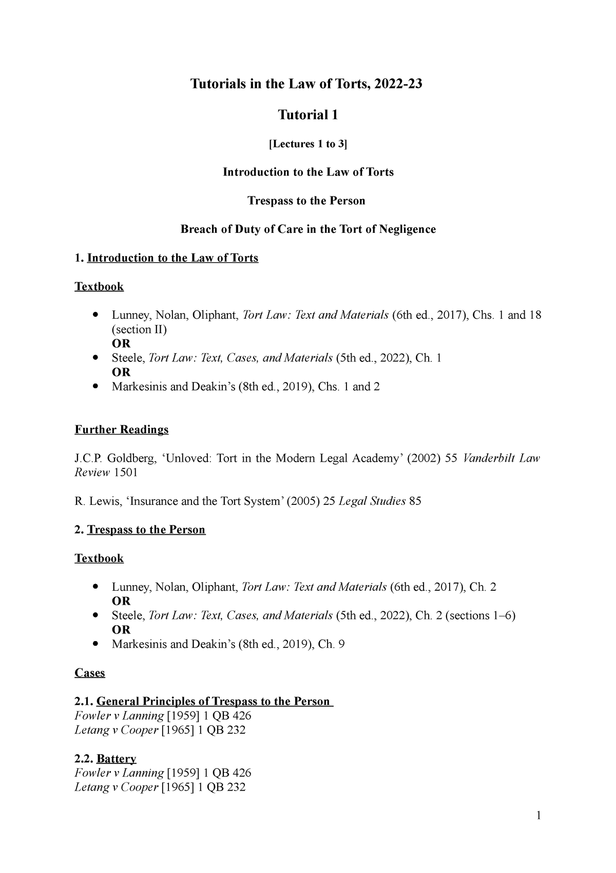 Tort Tutorial Sheet 1 2022 23 Tutorials In The Law Of Torts 2022 Tutorial 1 Lectures 1 To 0057