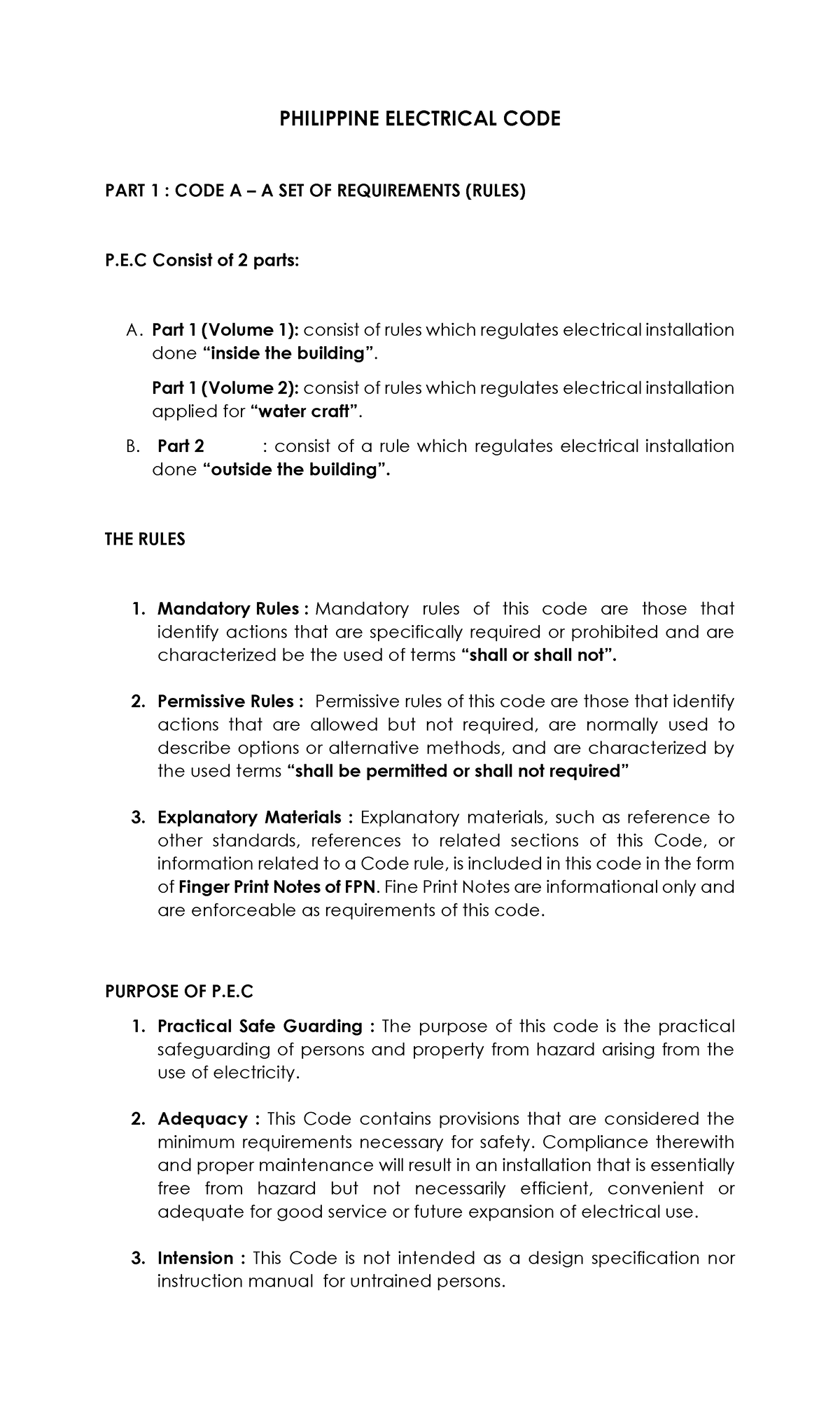 Philippine Electrical CODE Summary PHILIPPINE ELECTRICAL CODE PART 1