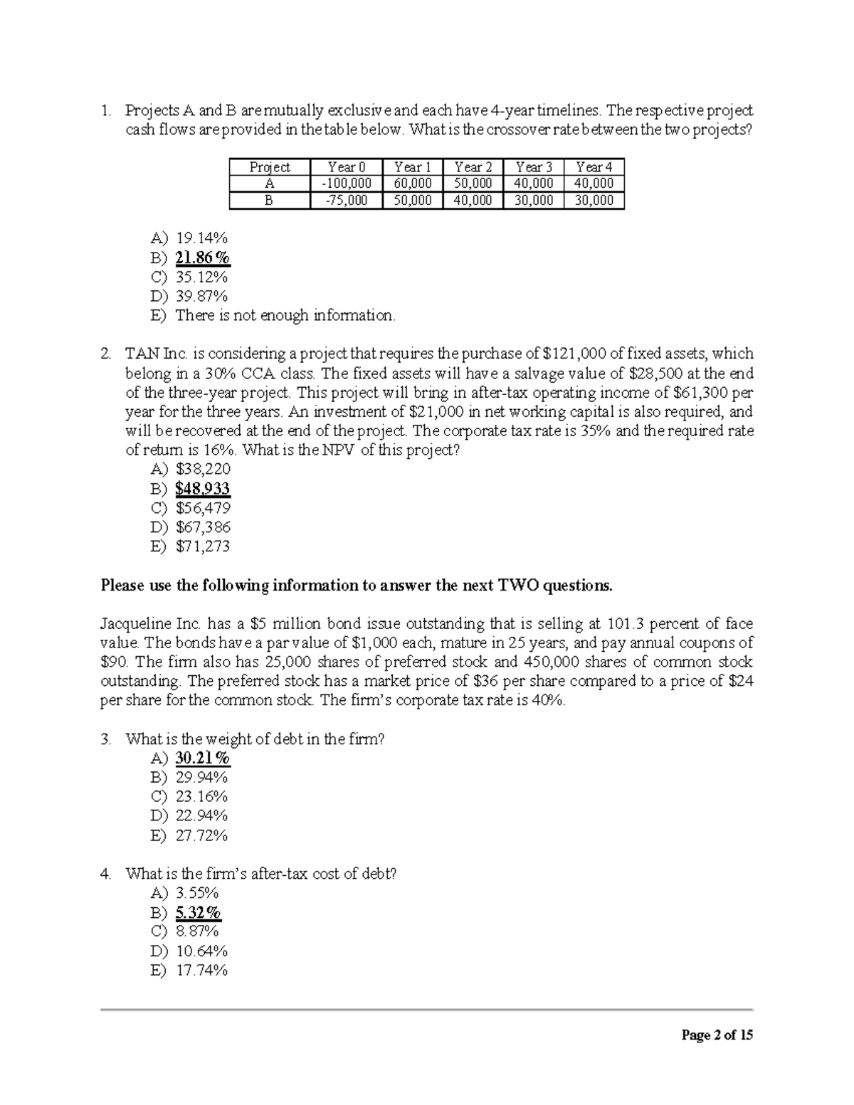 FIN401 Final Exam W2016 With Solution - Projects A And B Are Mutually ...