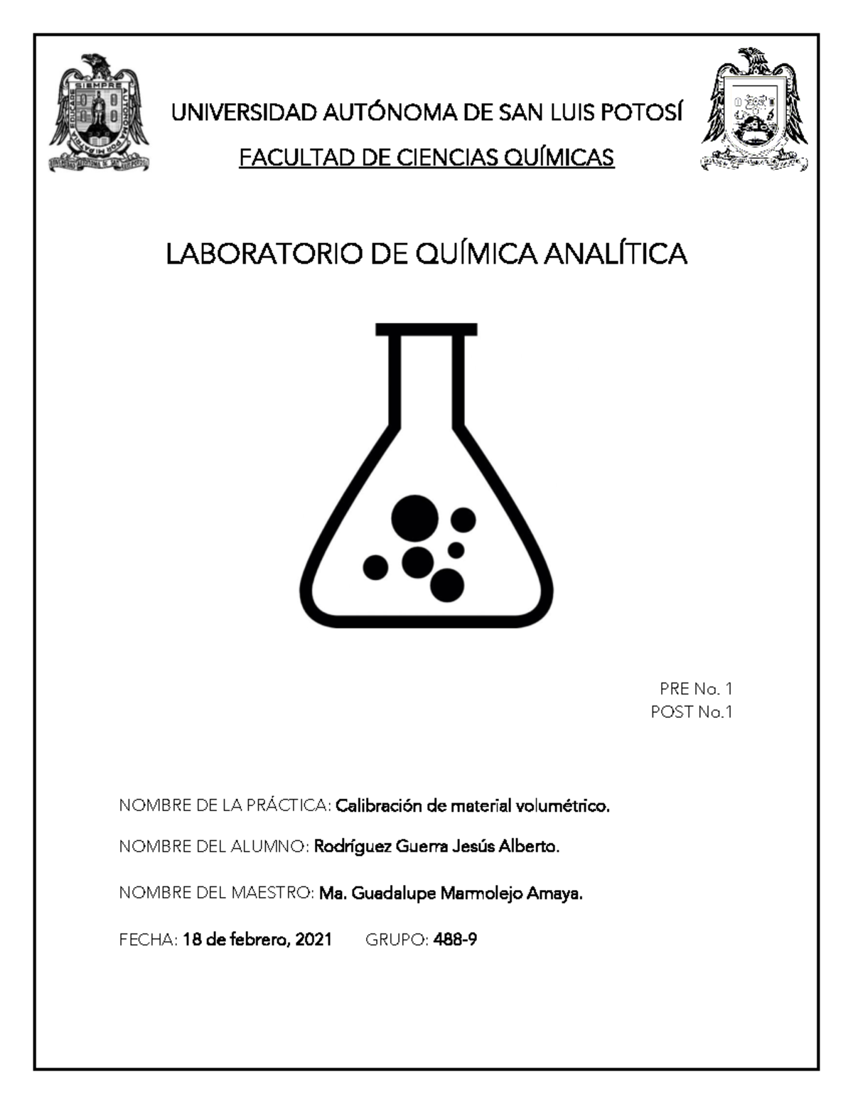 Prelaboratorio 1, Laboratorio De Química Analítica, UASLP - UNIVERSIDAD ...