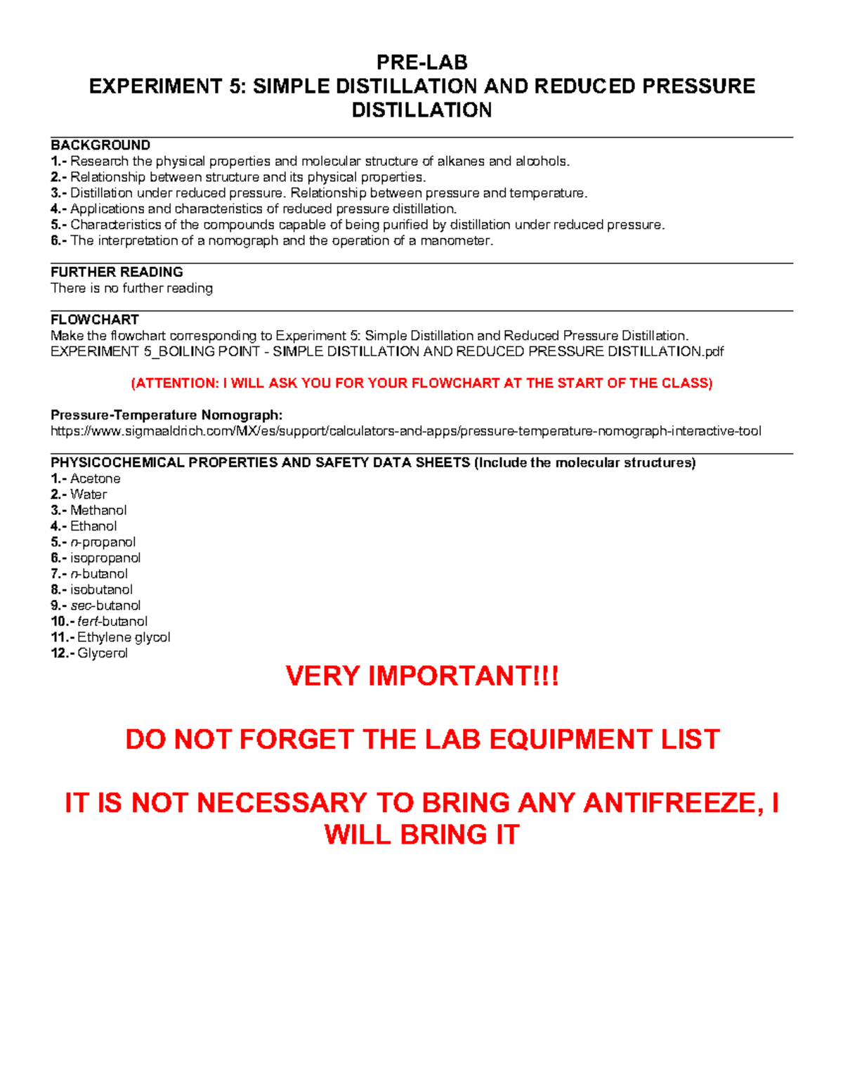 PRELAB Experiment 5 Boiling Point Simple Distillation AND Reduced