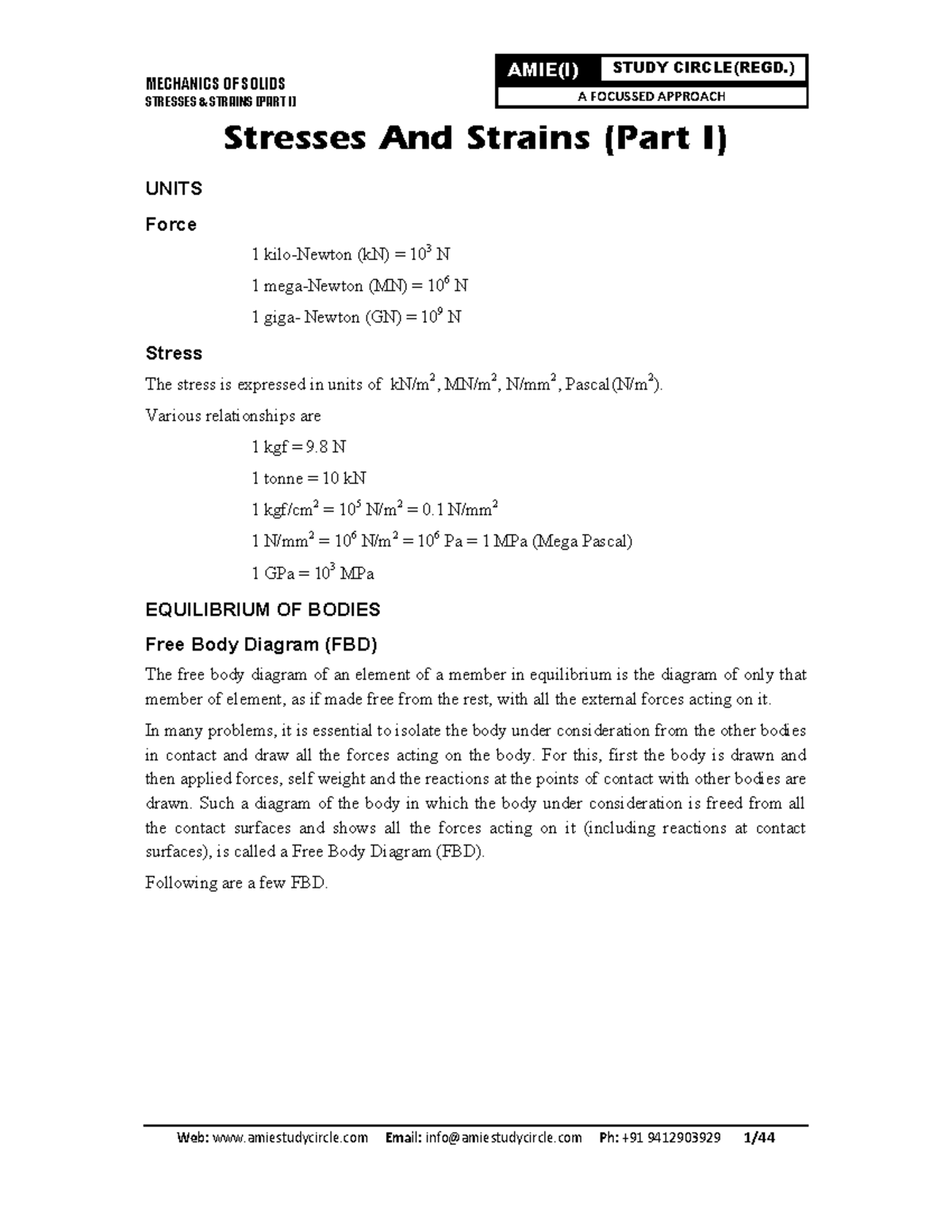 Stresses and Strains Part I - MECHANICS OF SOLIDS STRESSES & STRAINS ...