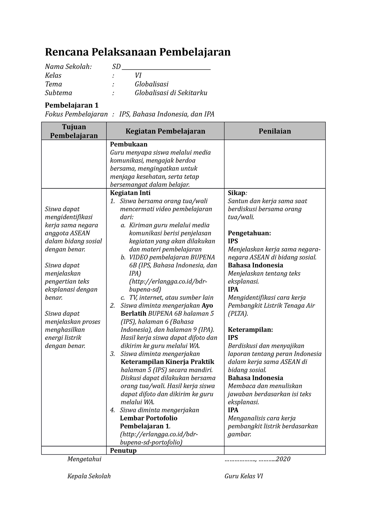RPP Bupena Kelas 6 Tema 4 Sub 1 - Rencana Pelaksanaan Pembelajaran Nama ...